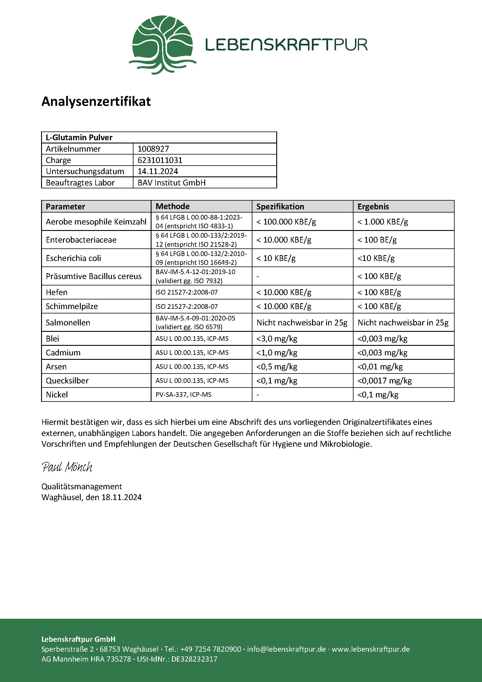 LebenskraftPur L-Glutamin Pulver Aminosäure vegan Fermentation