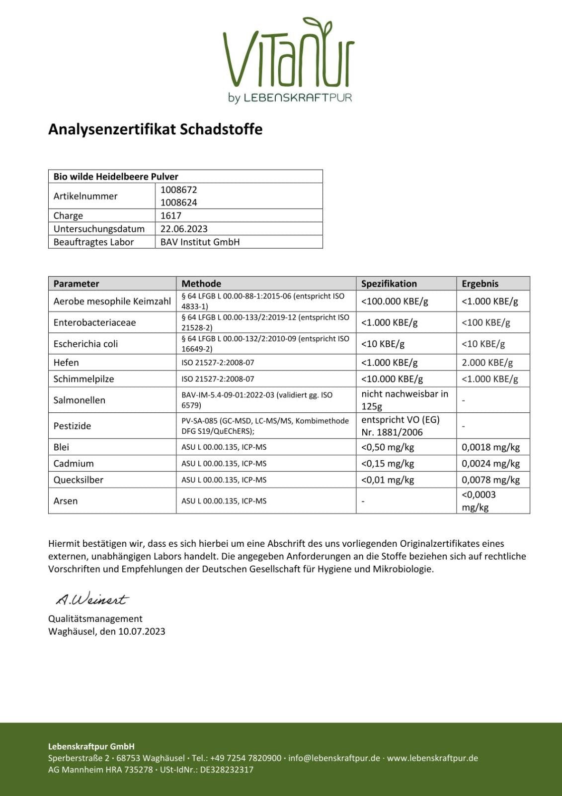 LebenskraftPur Bio Wilde Heidelbeere Pulver 200 g roh