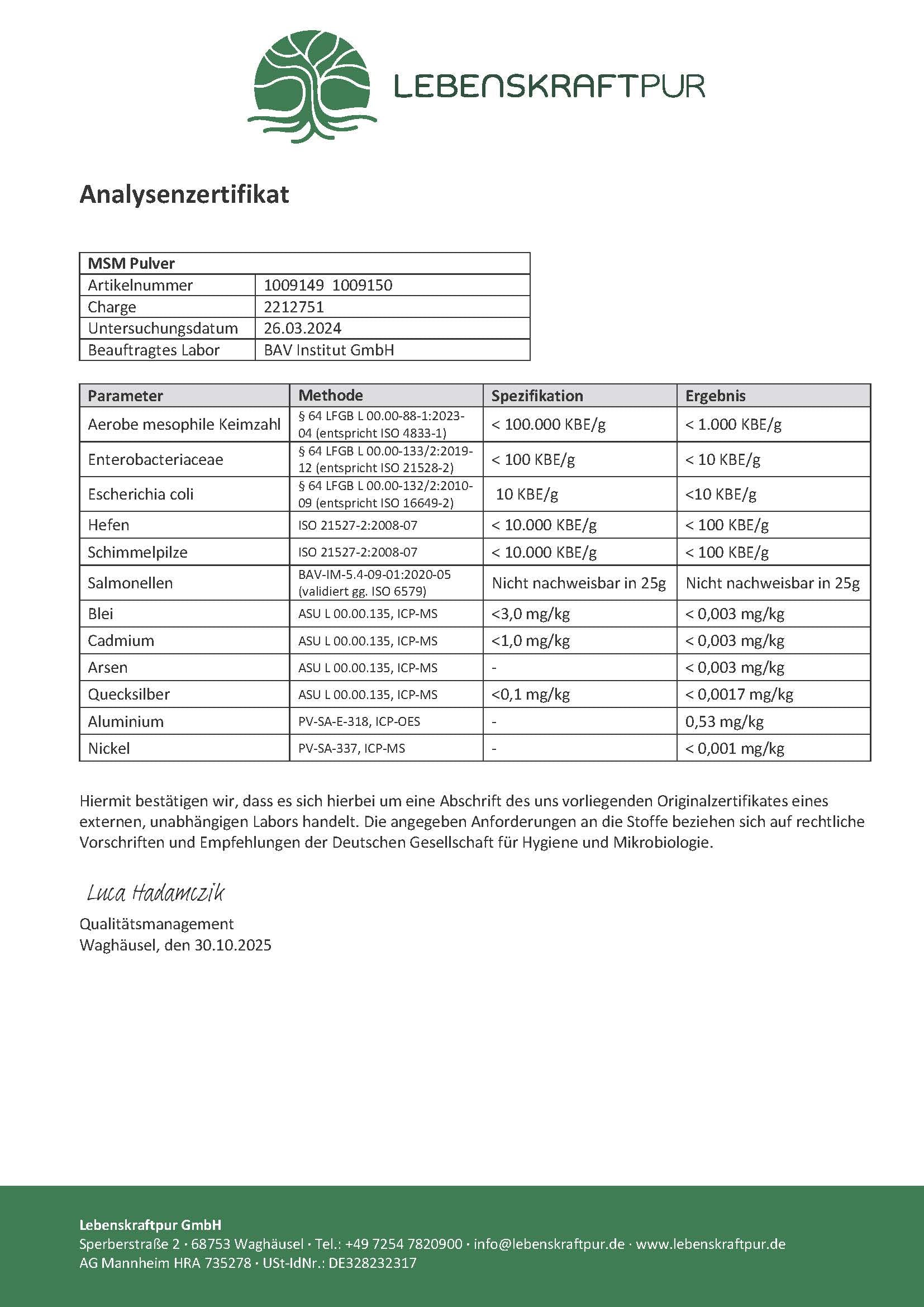 LebenskraftPur MSM Pulver 200 g vegan 99,9% rein