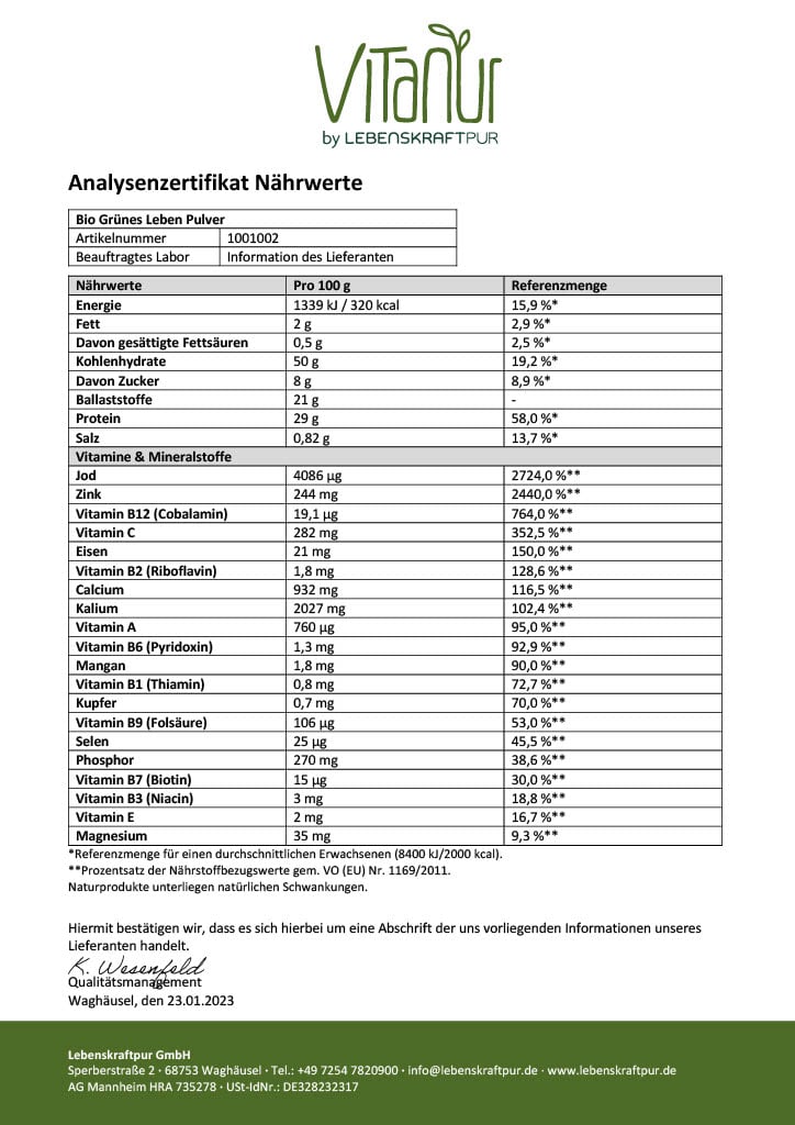 LebenskraftPur Superfood Bio Grünes Leben Pulver 14 Greens