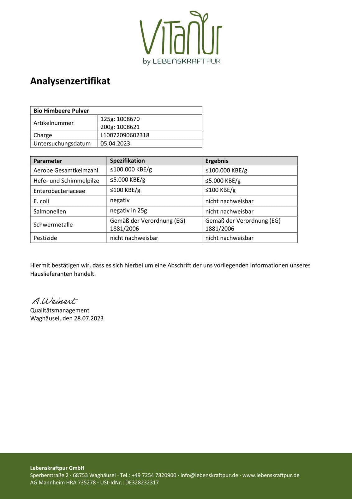 LebenskraftPur Bio Himbeere Pulver 200 g Frucht