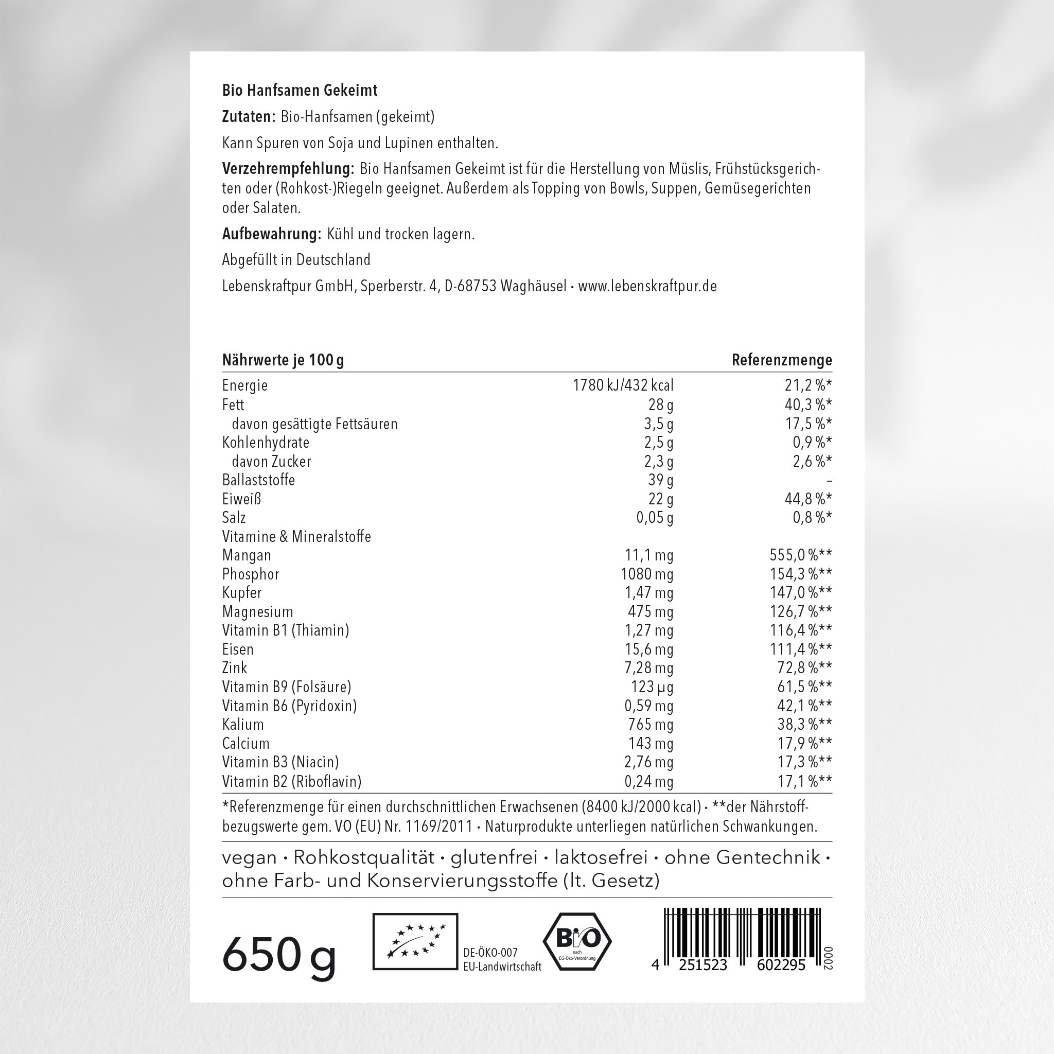 LebenskraftPur Bio Hanfsamen Gekeimt Superfood 650 g Roh