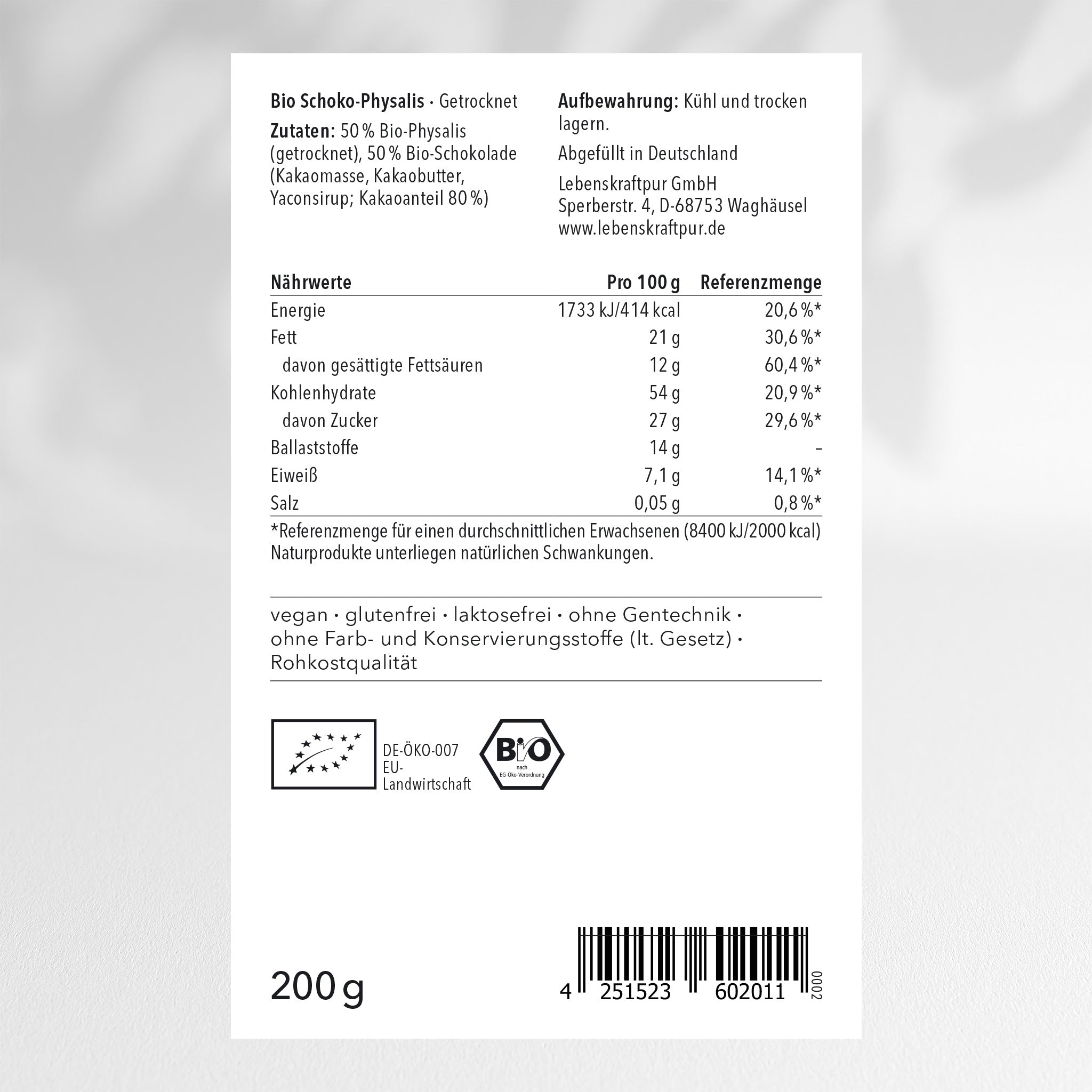 LebenskraftPur Bio Schoko-Physalis getrocknet Bitter 80%