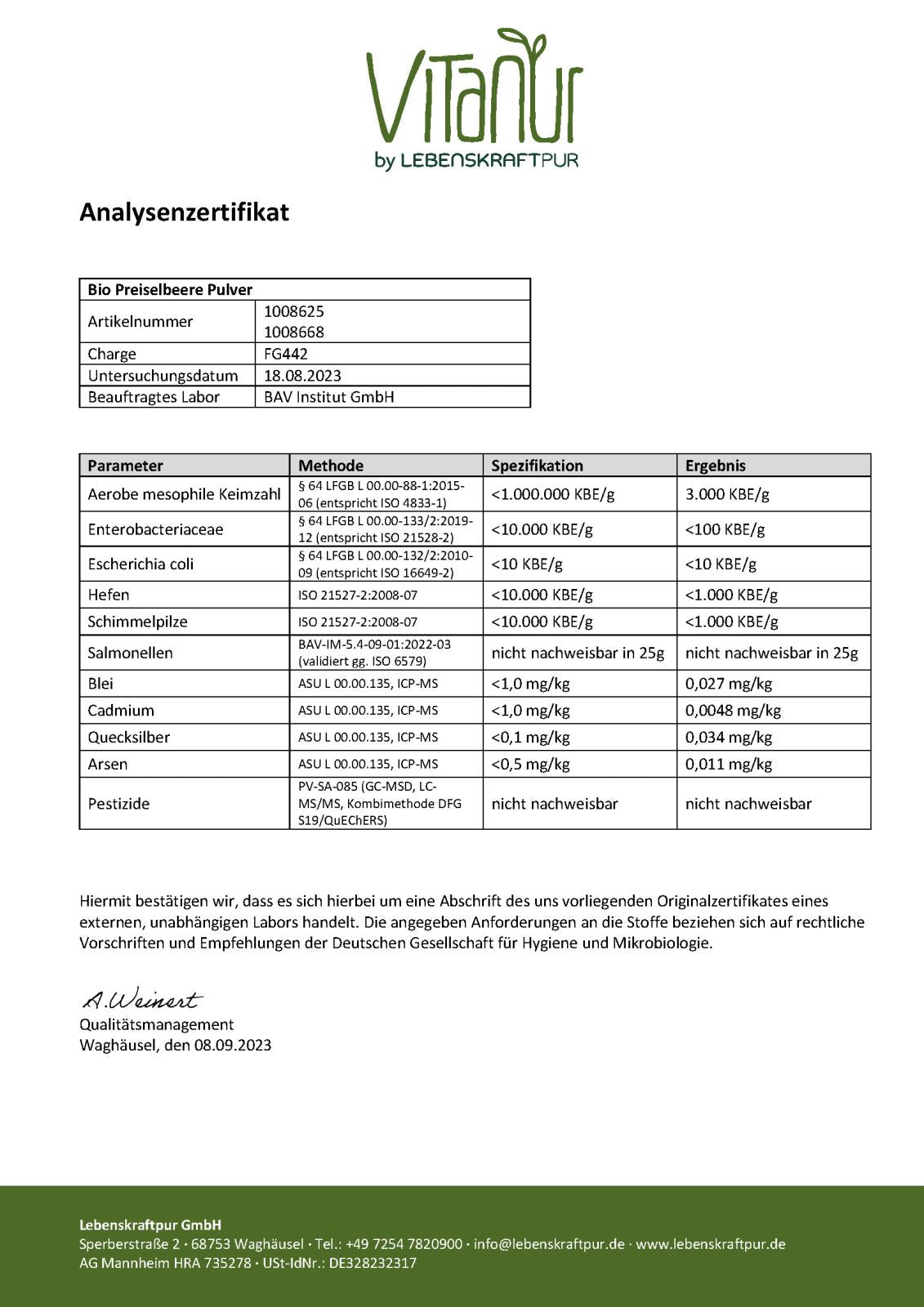 LebenskraftPur Superfood Bio Wilde Preiselbeere Pulver 250 g