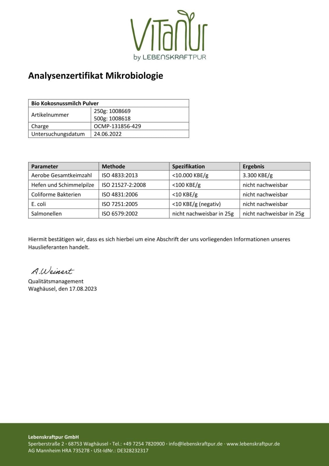LebenskraftPur Bio Kokosnussmilch Pulver 500 g MCT