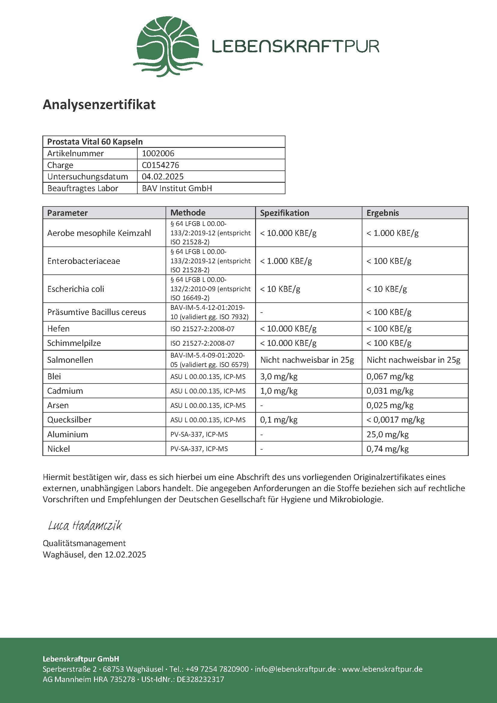 LebenskraftPur Prostata Vital Kapseln Zink Kürbiskern vegan