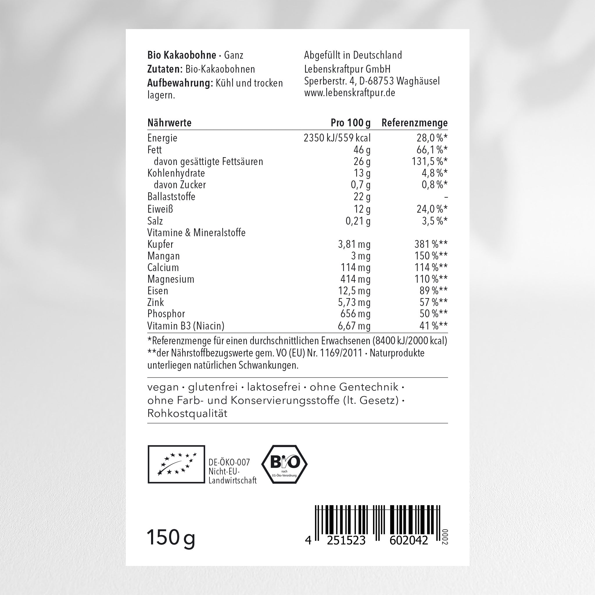 LebenskraftPur Superfood Bio Kakaobohne Ganz Criollo Rohkost