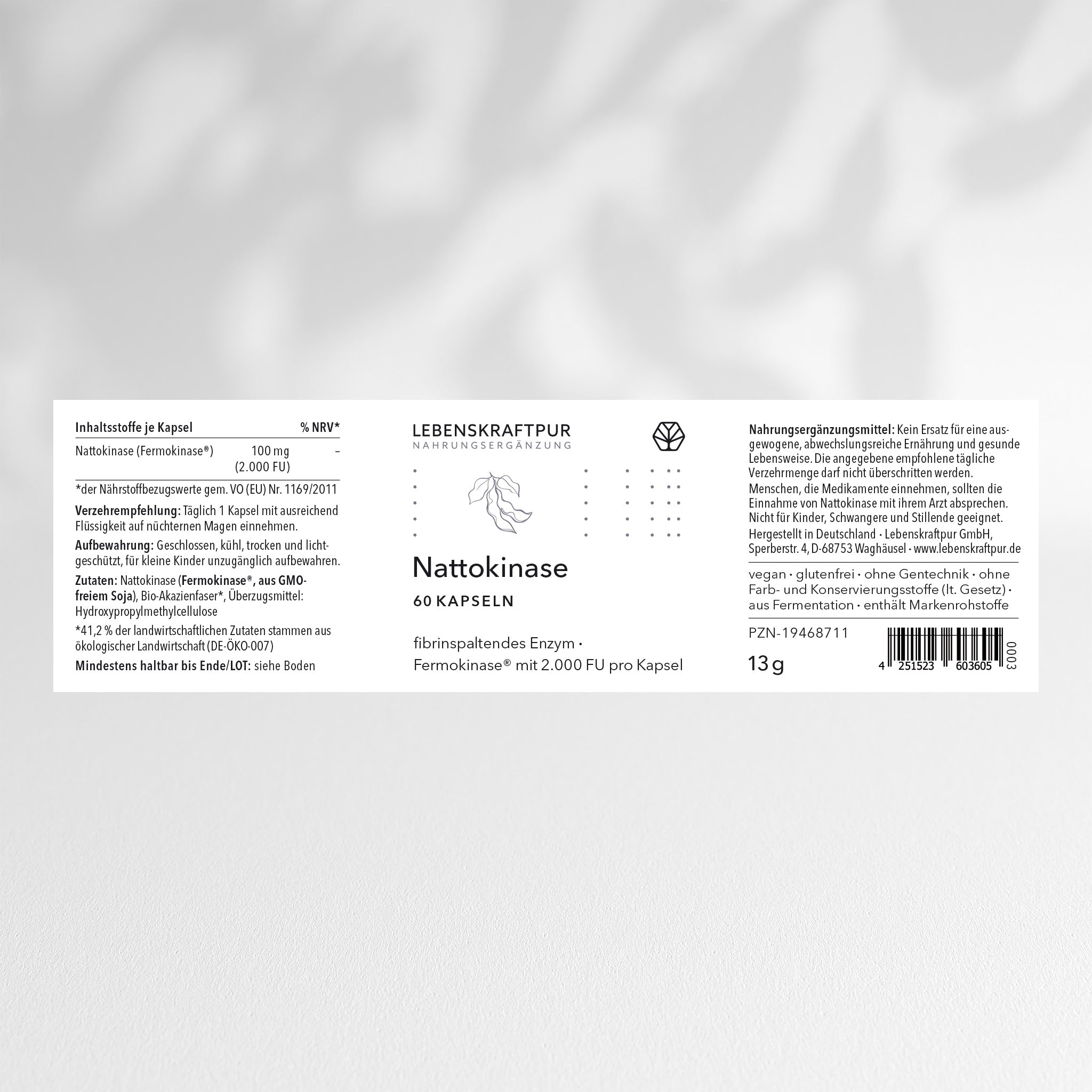 Lebenskraftpur Nattokinase Kapseln Fermokinase vegan