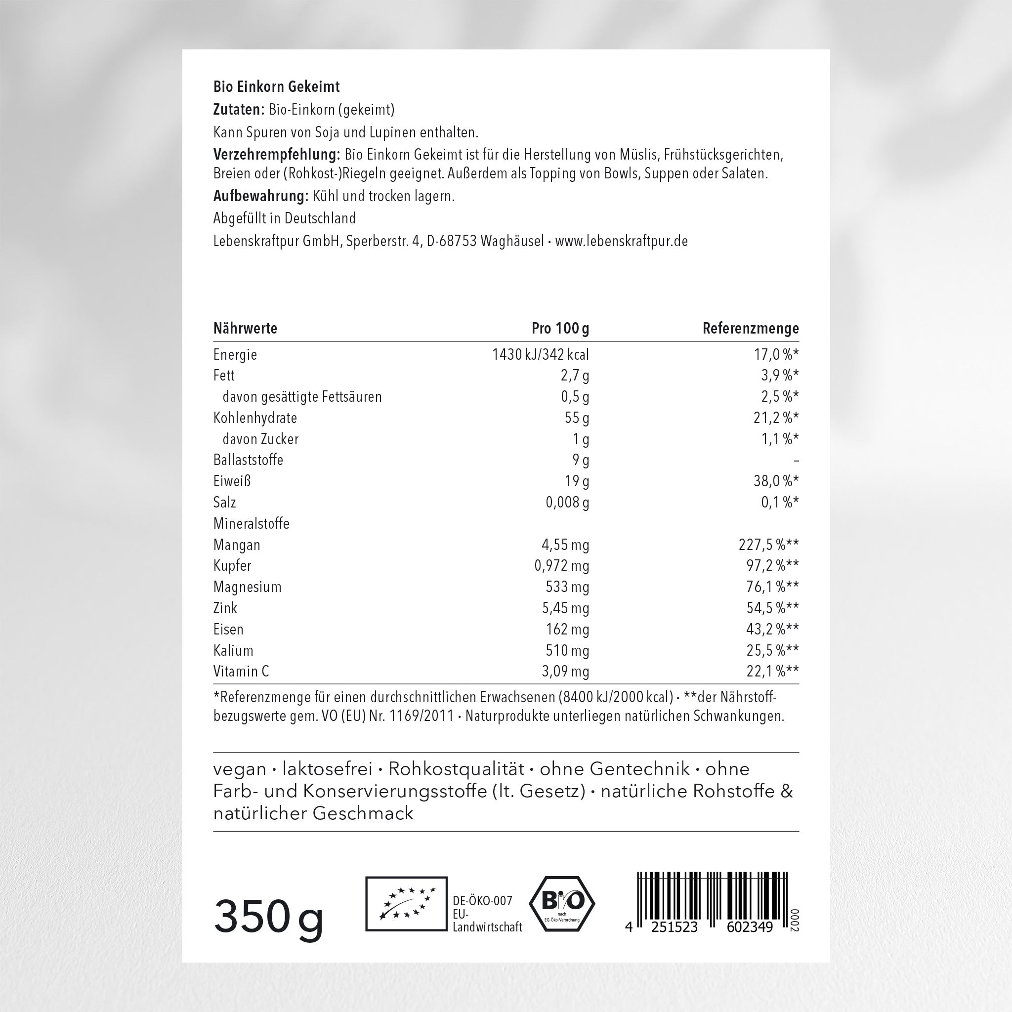 LebenskraftPur Bio Einkorn Gekeimt Superfood 750 g