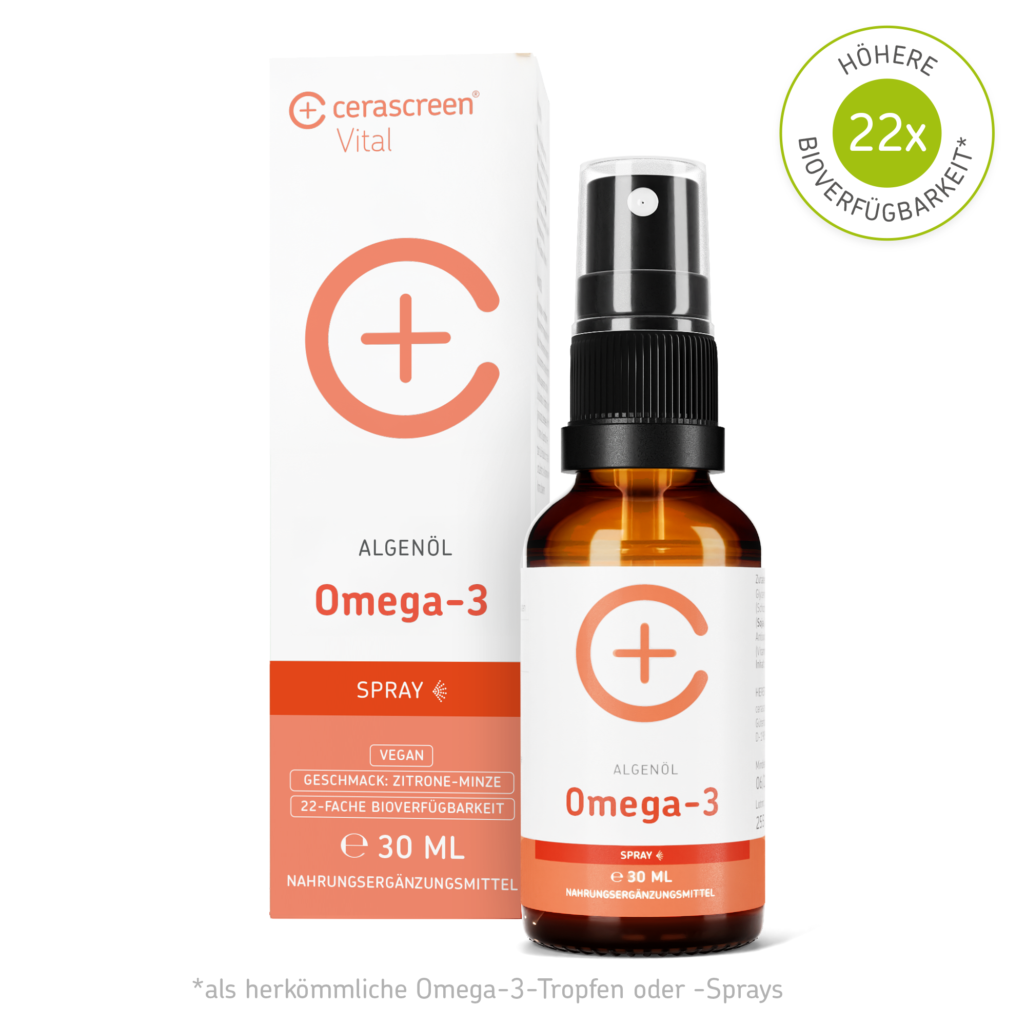 cerascreen Vital Omega-3-Spray Nahrungsergänzung 30 ml Zitrone-Minze vegan