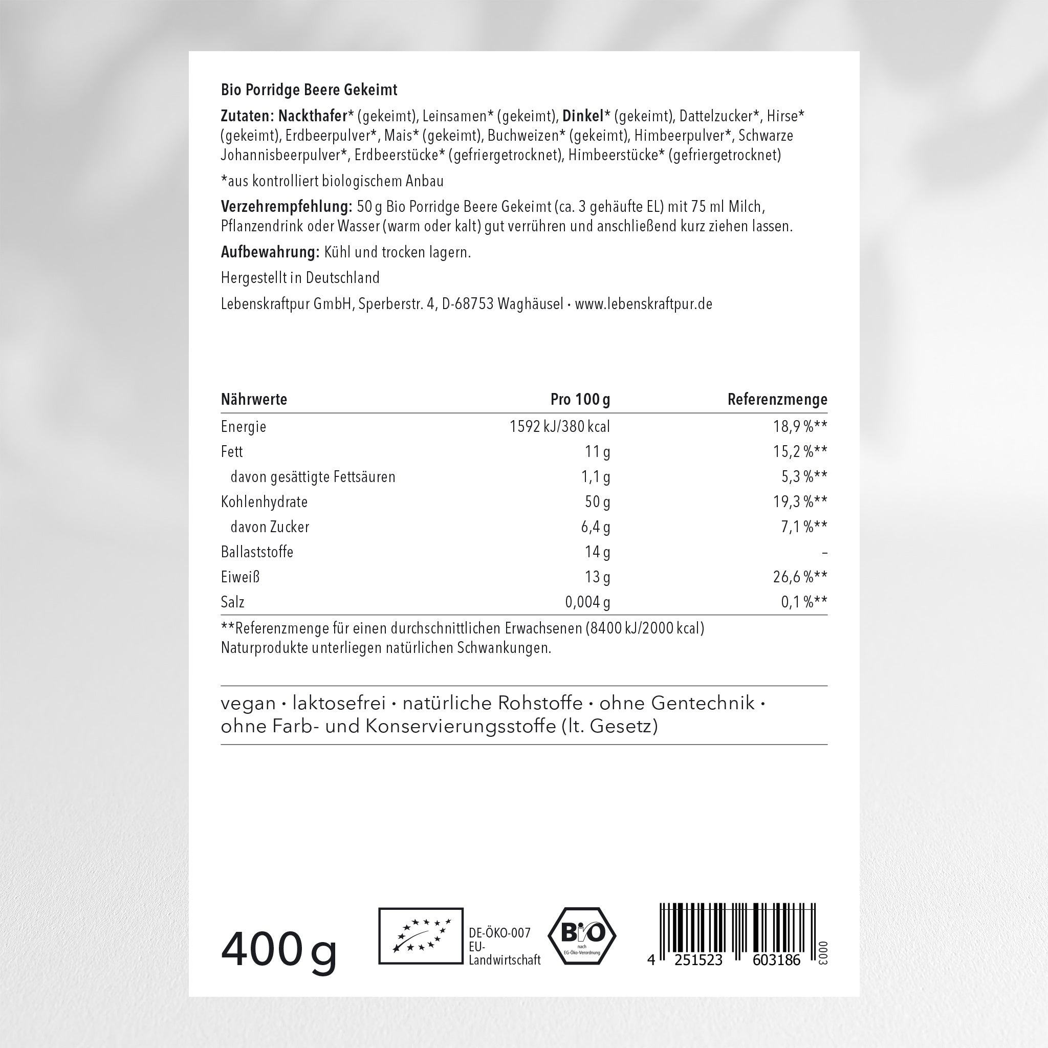 LebenskraftPur Bio Porridge Beere Gekeimt Frühstück Bio