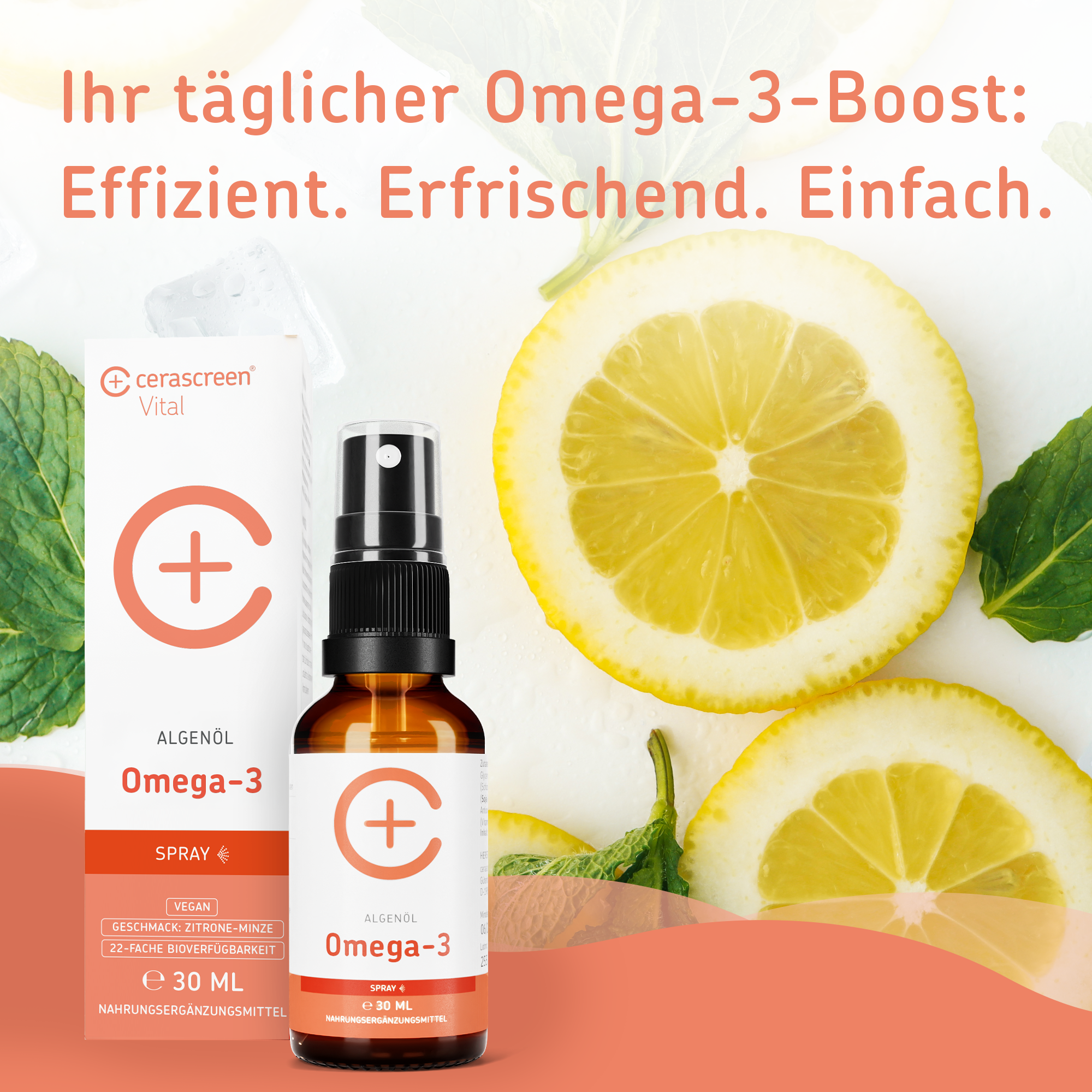 cerascreen Vital Omega-3-Spray Nahrungsergänzung 30 ml Zitrone-Minze vegan