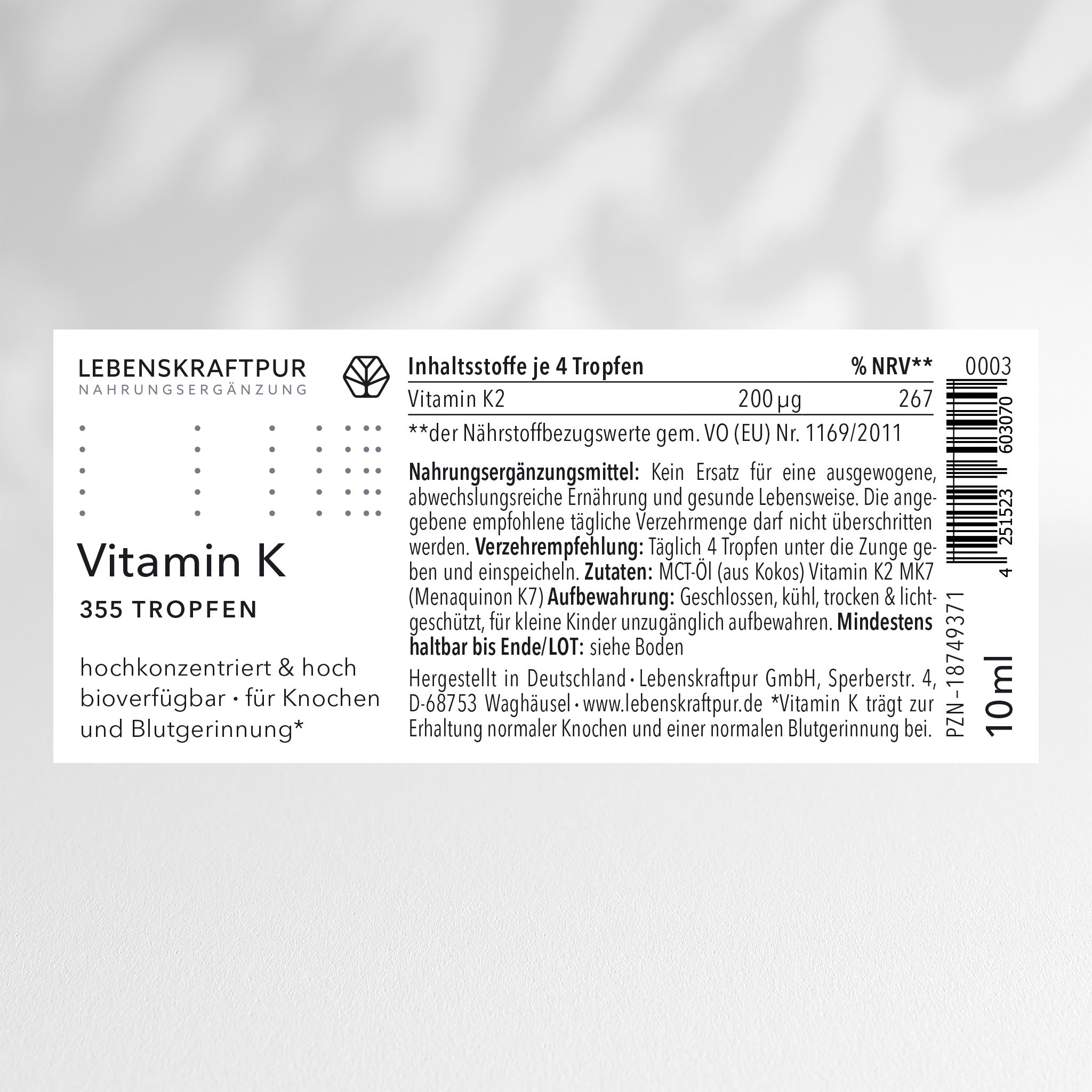 LebenskraftPur Nahrungsergänzung Vitamin K Tropfen 30 ml K2 MK-7