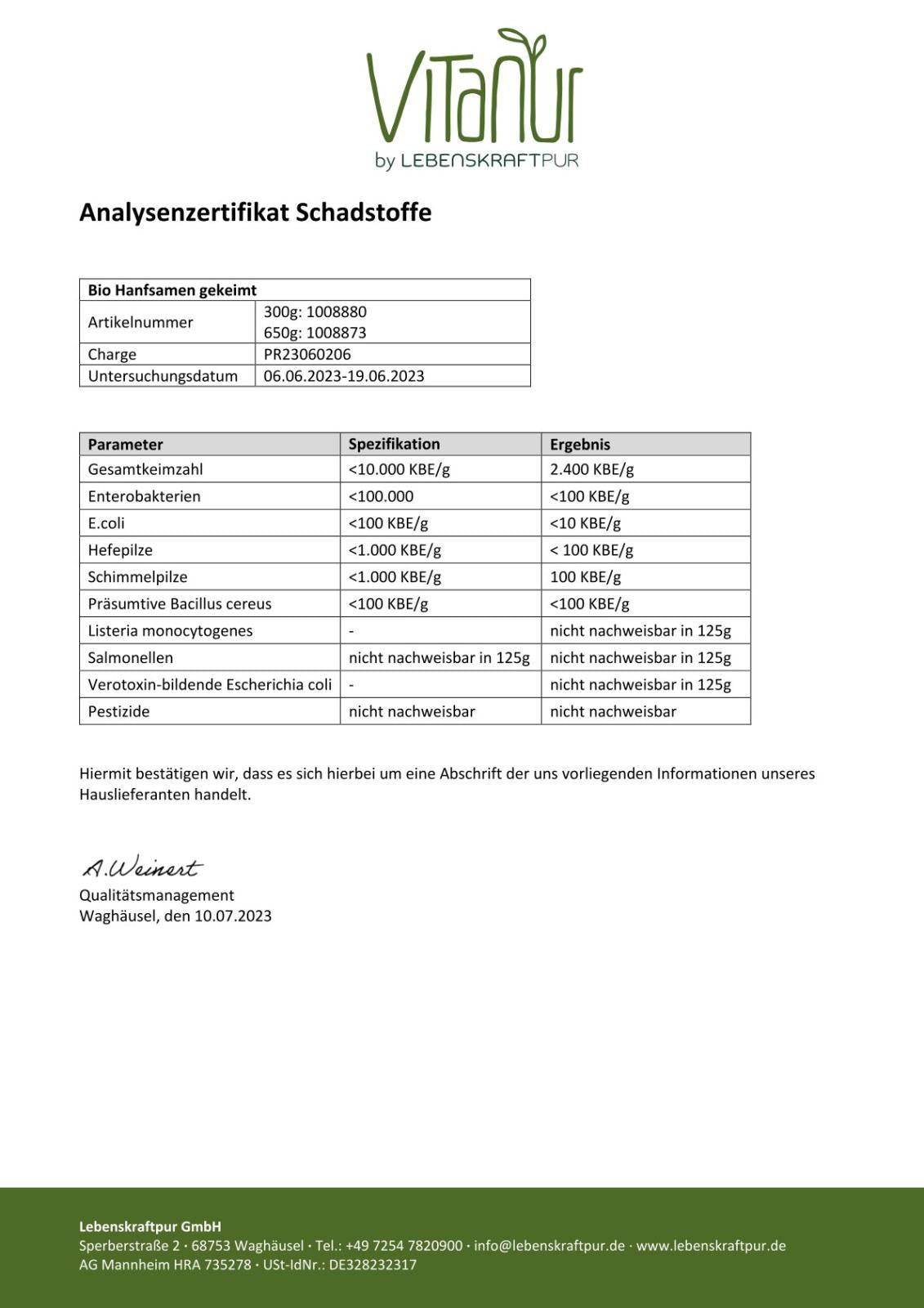 LebenskraftPur Bio Hanfsamen Gekeimt Superfood 650 g Roh