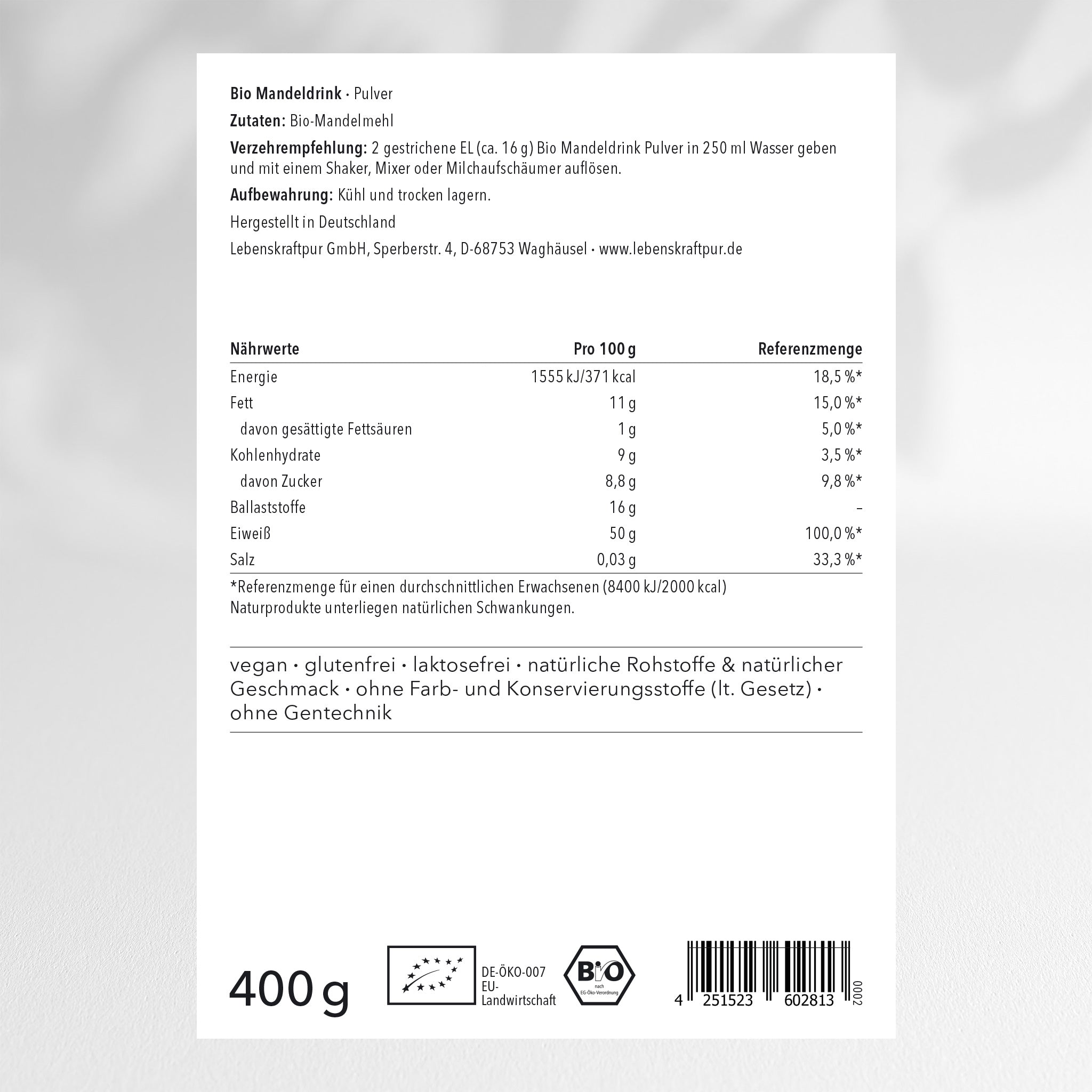 LebenskraftPur Bio Mandeldrink Pulver Mandelmilch vegan