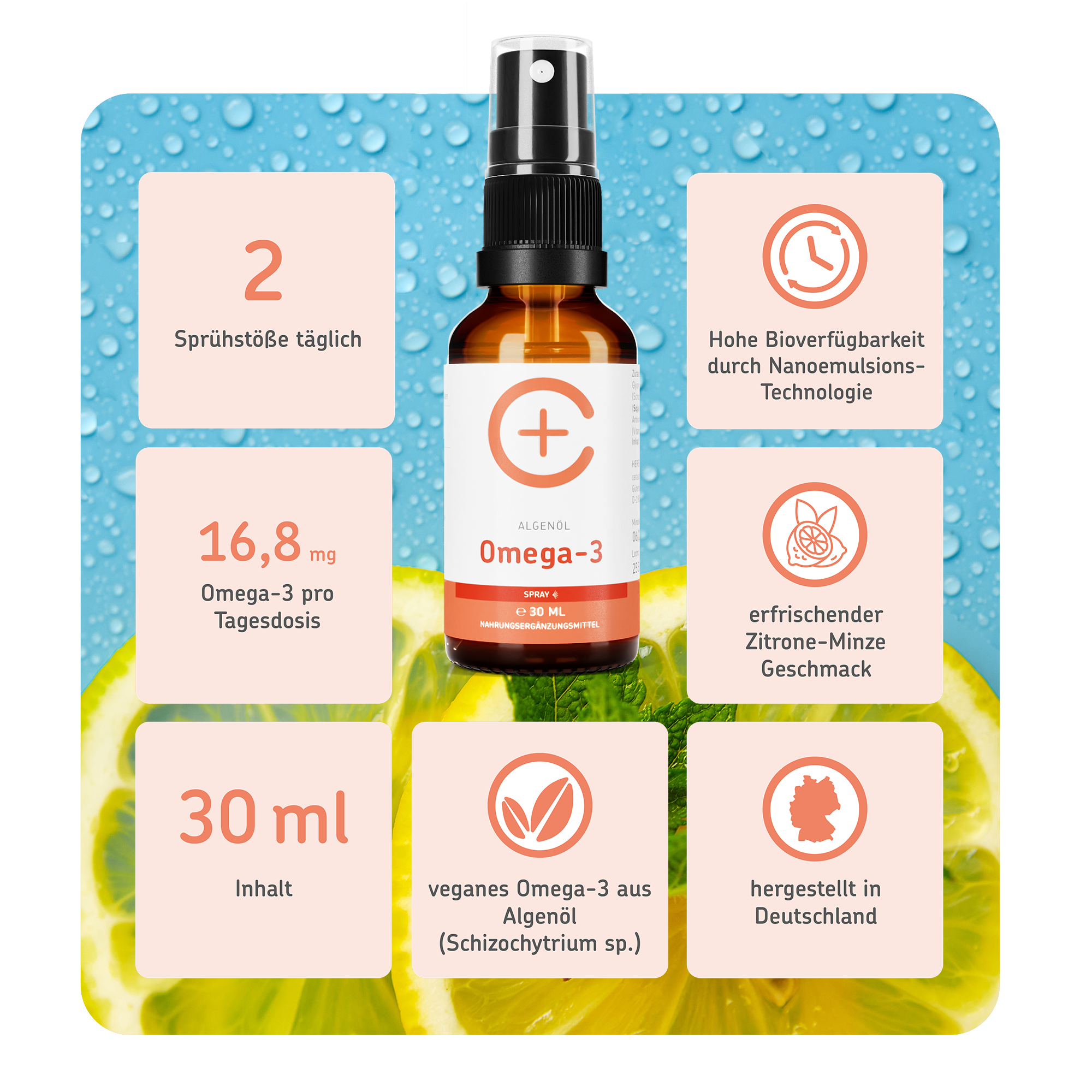 cerascreen Vital Omega-3-Spray Nahrungsergänzung 30 ml Zitrone-Minze vegan