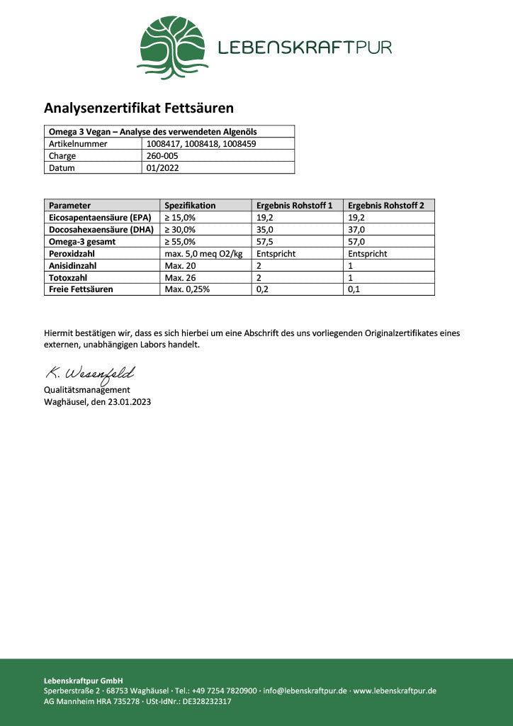 LebenskraftPur Omega 3 Vegan Kapseln 60 Kapseln Algenöl