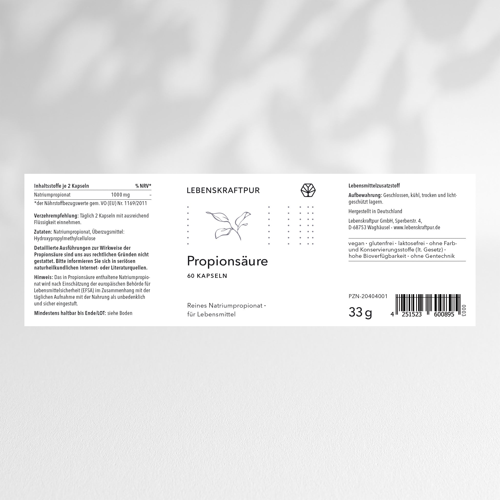 LebenskraftPur Propionsäure Kapseln 1000 mg Natriumpropionat