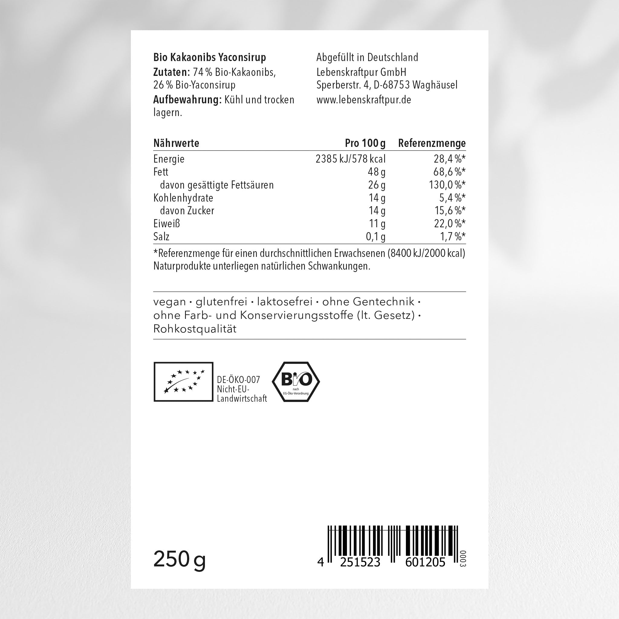 LebenskraftPur Bio Kakaonibs Yaconsirup Snack roh vegan
