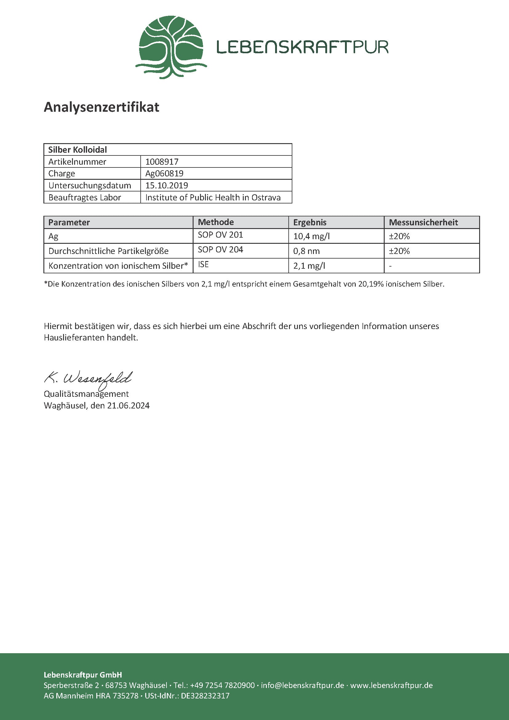 LebenskraftPur Silber Kolloidal Lösung 10 ppm