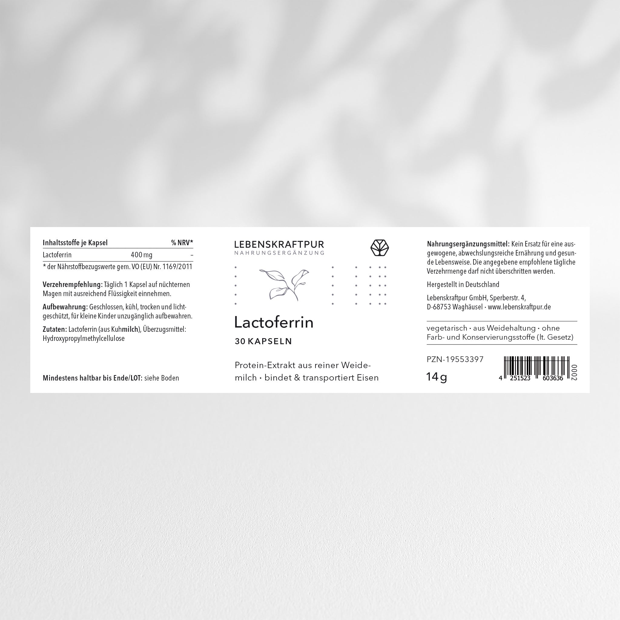 LebenskraftPur Lactoferrin Kapseln 400 mg aus Weidemilch
