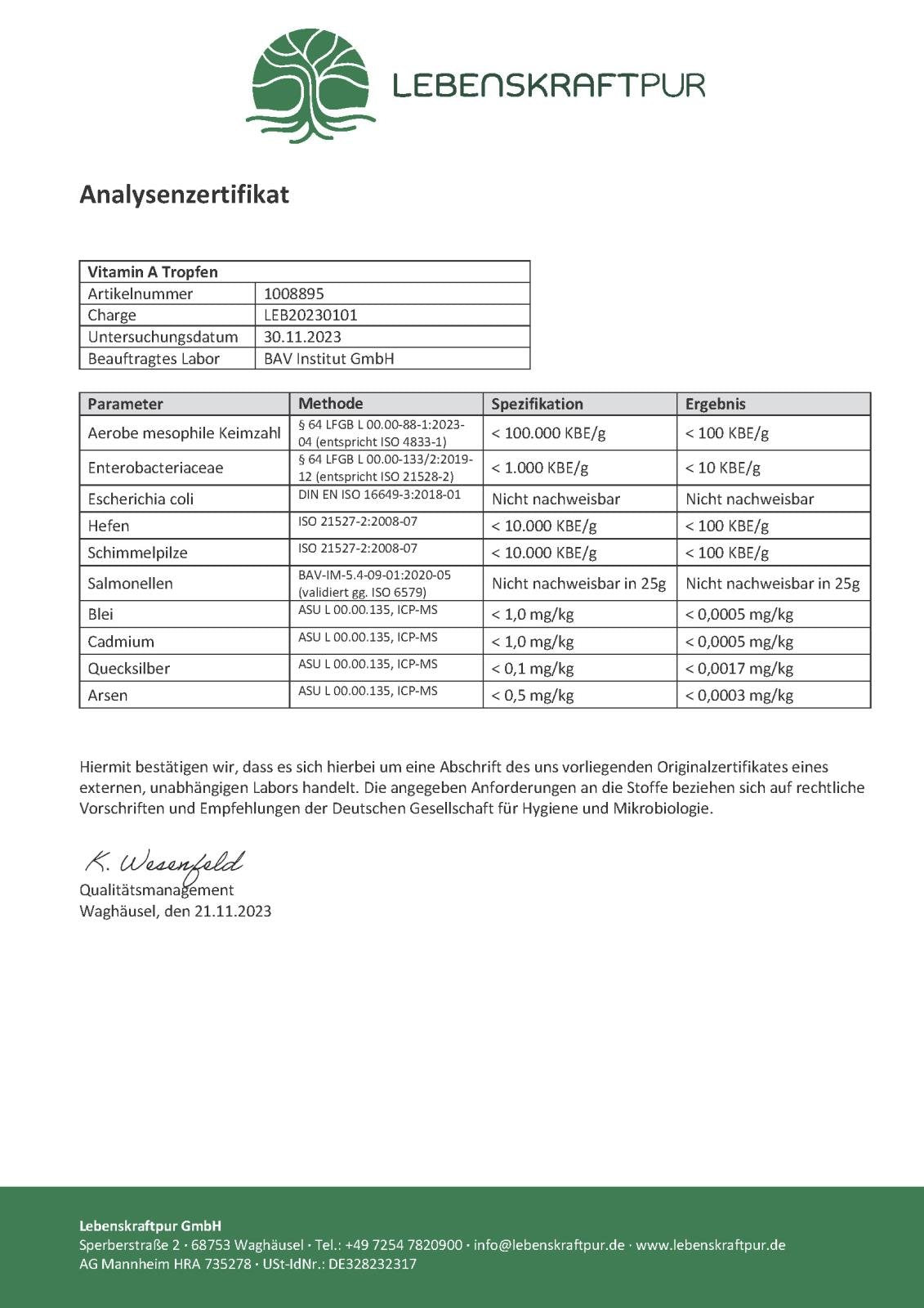LebenskraftPur Vitamin A Tropfen 1000 µg Retinylpalmitat