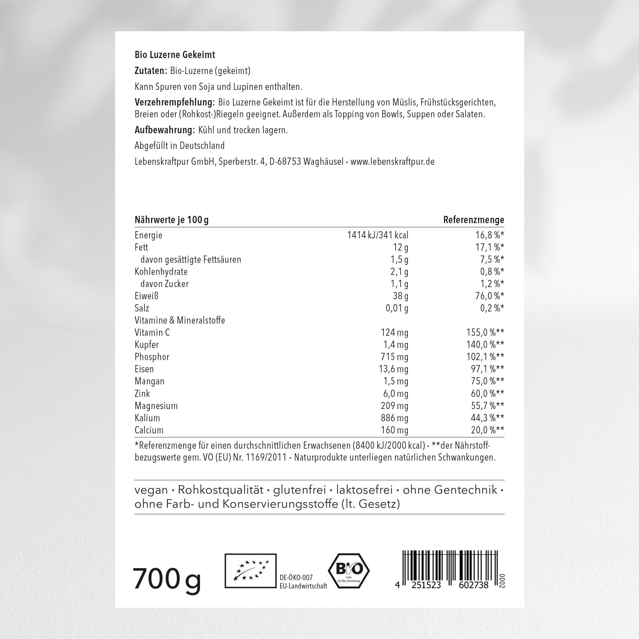 LebenskraftPur Bio Luzerne Gekeimt Pulver 300 g nussig