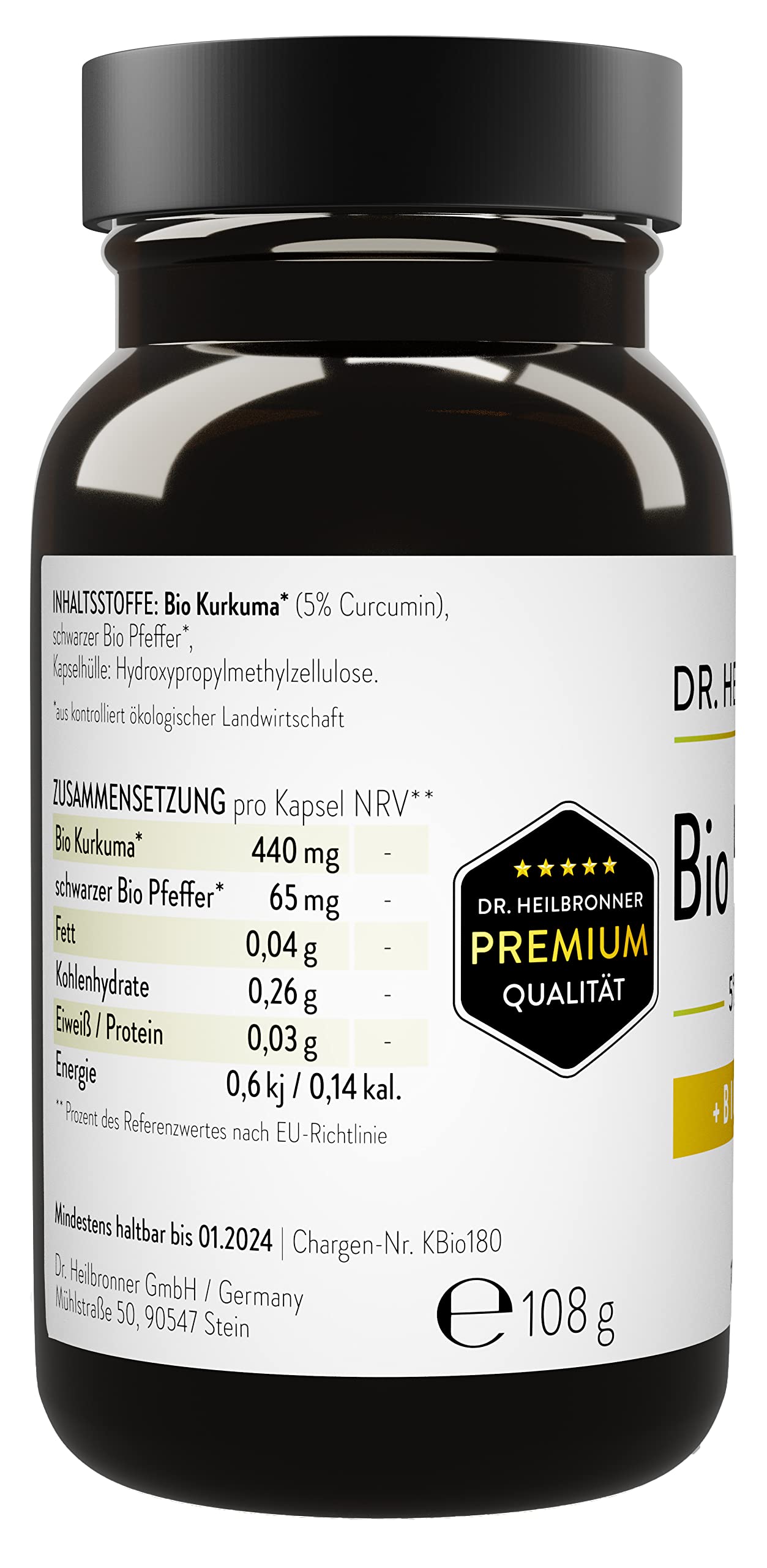 Dr. Heilbronner Bio Kurkuma Pfeffer Kapseln 180 Stk vegan