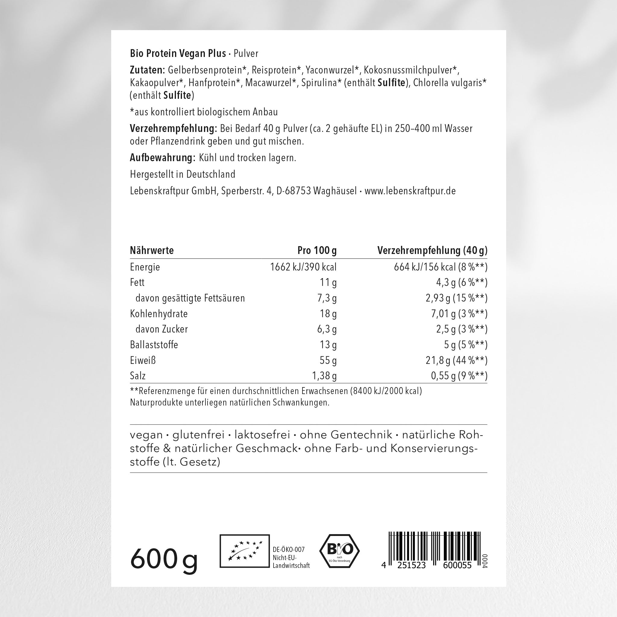 LebenskraftPur Bio Protein Vegan Plus Pulver Kakao 50% Protein