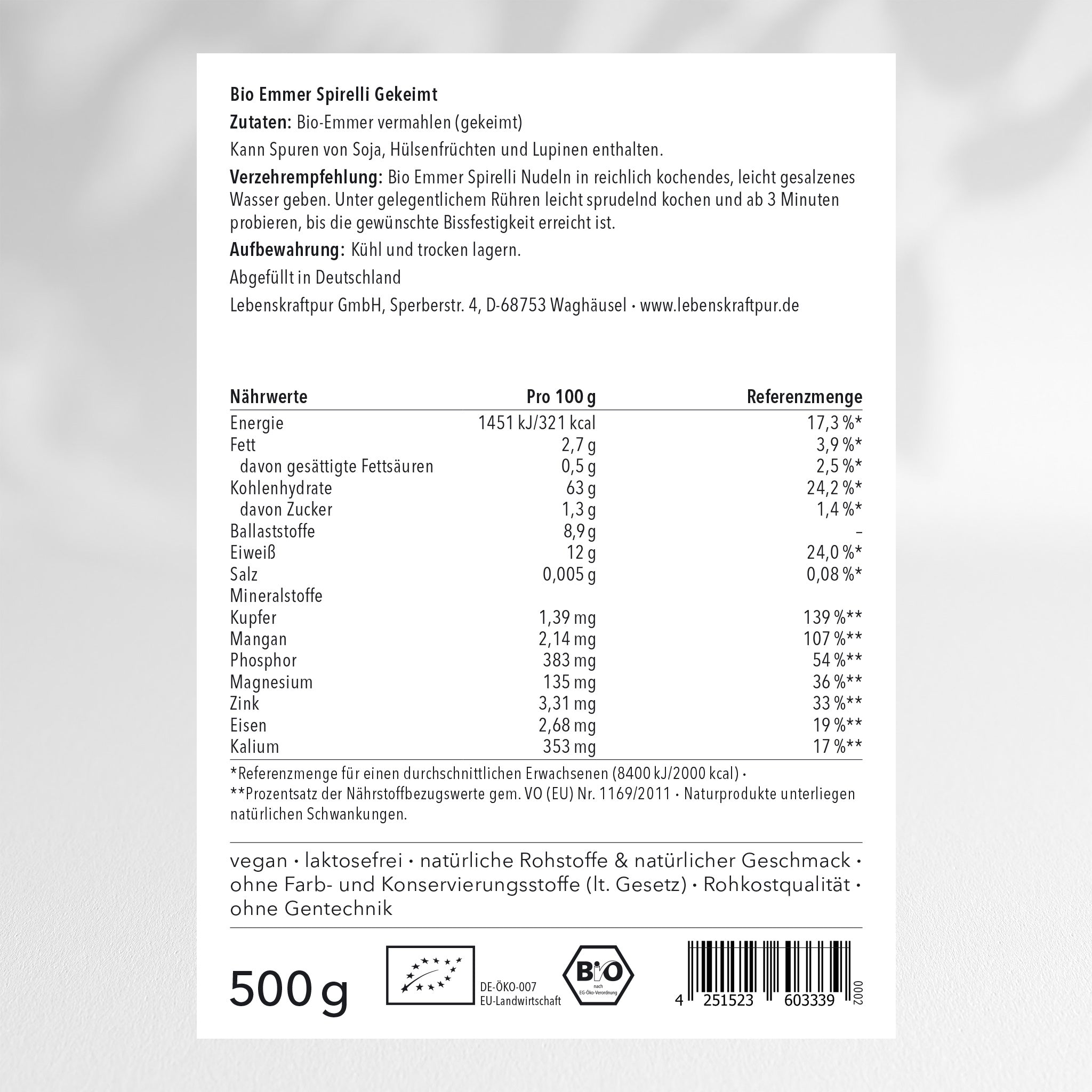 LebenskraftPur Bio Emmer Spirelli gekeimt Vollkornnudeln
