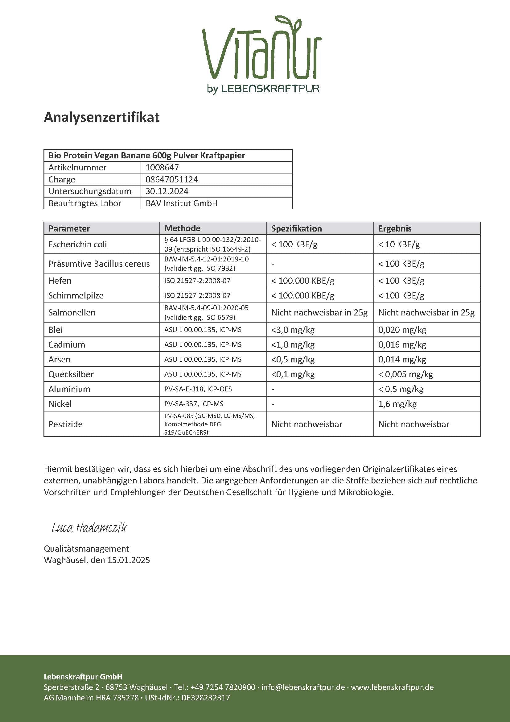 LebenskraftPur Bio Protein Vegan Banane Pulver Über 40% Protein