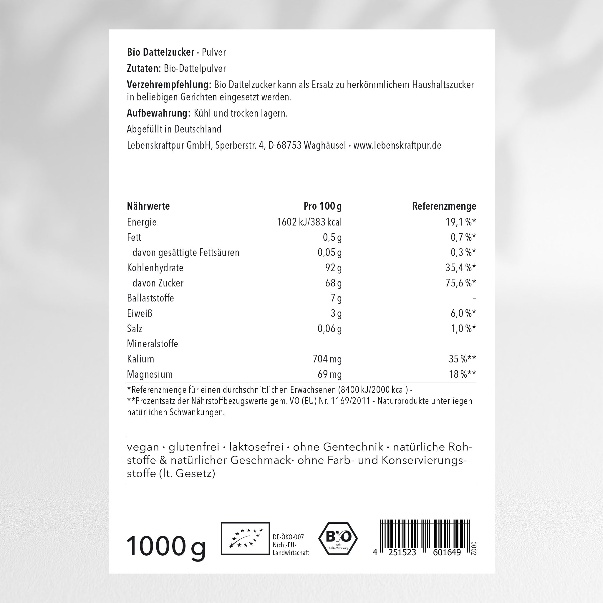 LebenskraftPur Bio Dattelzucker Pulver Deglet Nour 500g