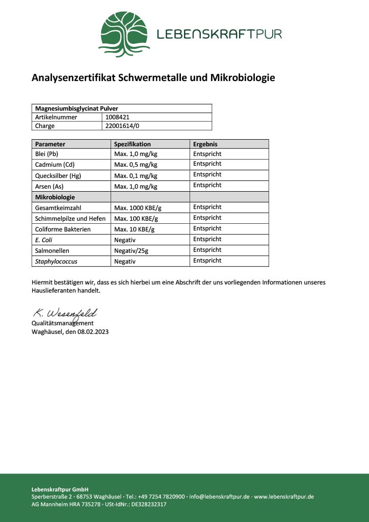 LebenskraftPur Magnesiumbisglycinat Pulver vegan ohne Zusätze