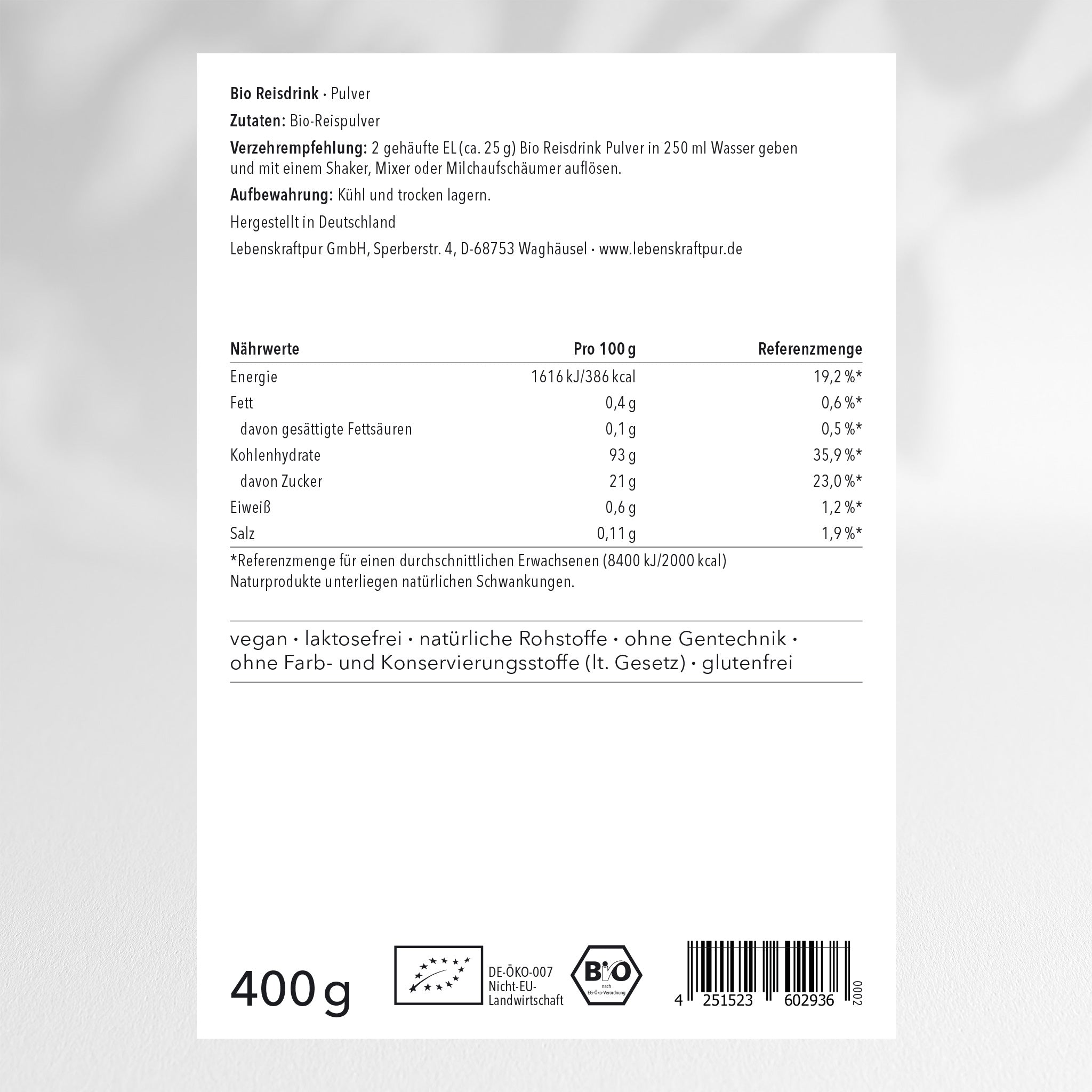LebenskraftPur Superfood Bio Reisdrink Pulver ergibt 4 Liter