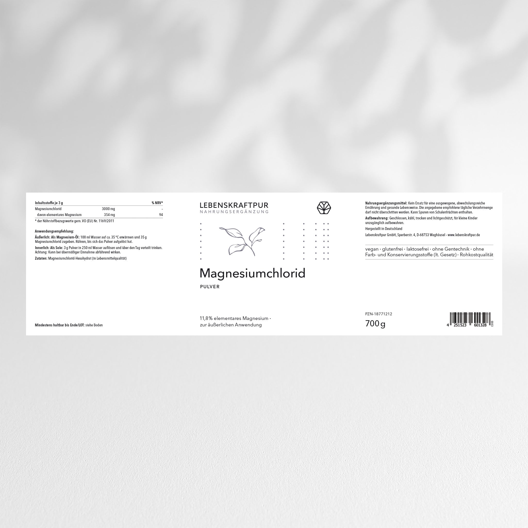 LebenskraftPur Magnesiumchlorid Pulver Nahrungsergänzung 11,8%