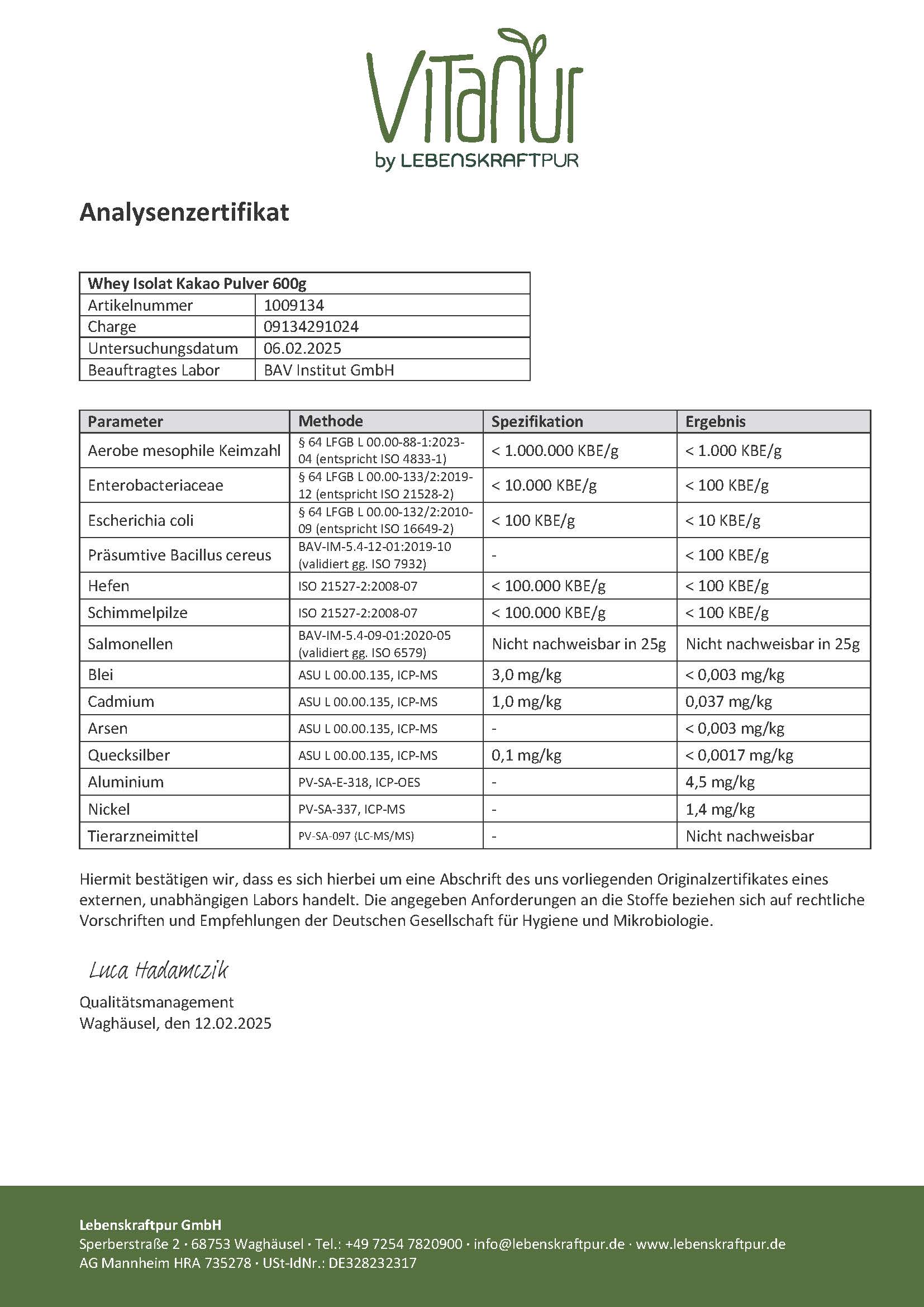 LebenskraftPur Whey Isolat Kakao Pulver Weidemilch Protein