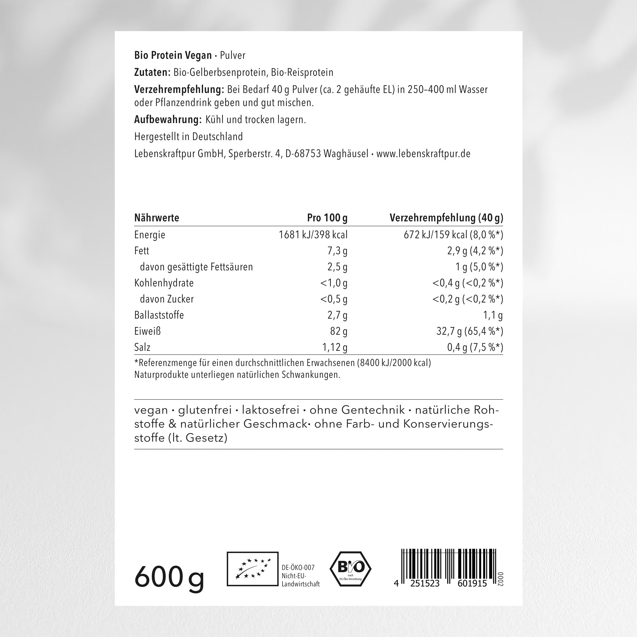 LebenskraftPur Bio Protein Vegan Pulver Erbse-Reis über 80%