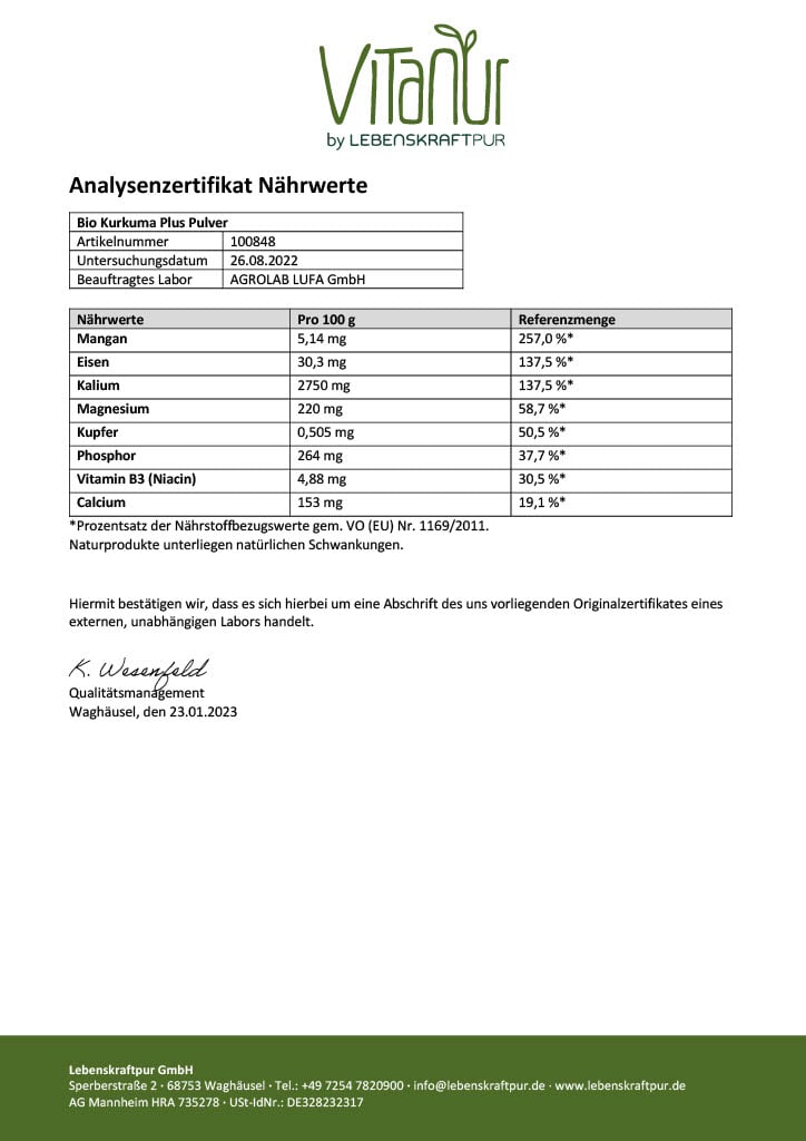 LebenskraftPur Superfood Bio Kurkuma Plus Pulver mit Pfeffer