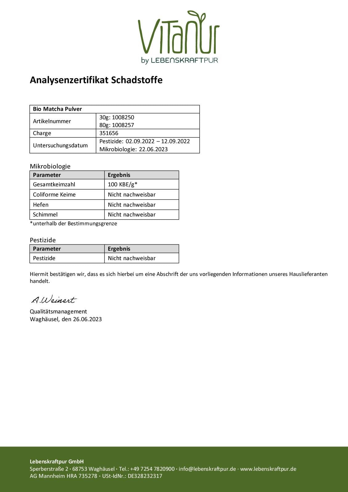 LebenskraftPur Bio Matcha Pulver Ceremonial Grade 30 g
