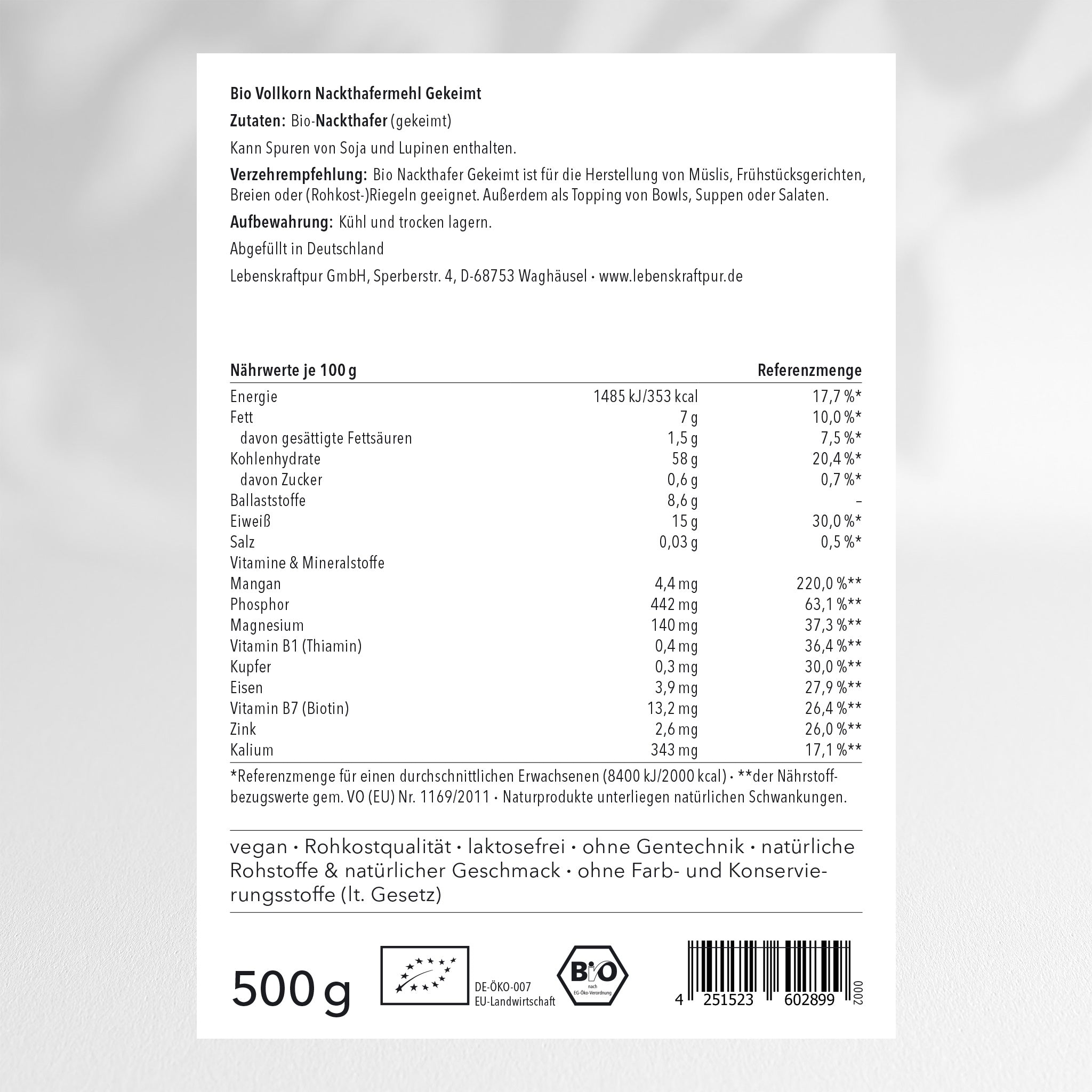 LebenskraftPur Bio Nackthafermehl Vollkorn gekeimt