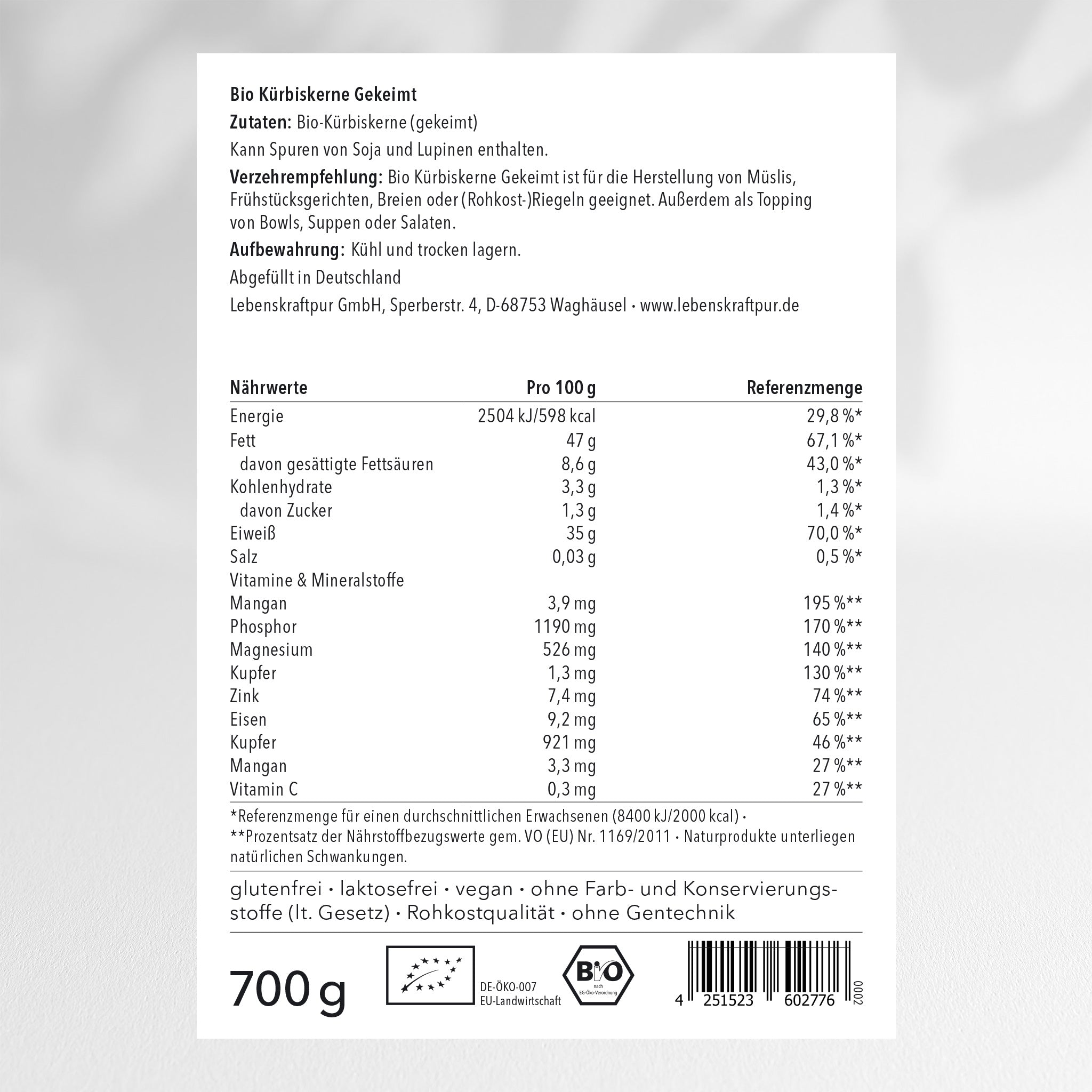 LebenskraftPur Superfood Bio Kürbiskerne Gekeimt 300 g roh
