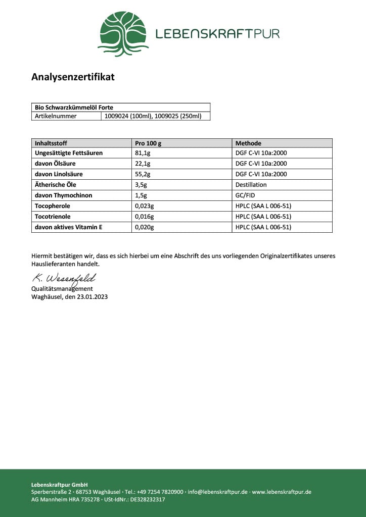 LebenskraftPur Bio Schwarzkümmelöl Forte 100 ml bio