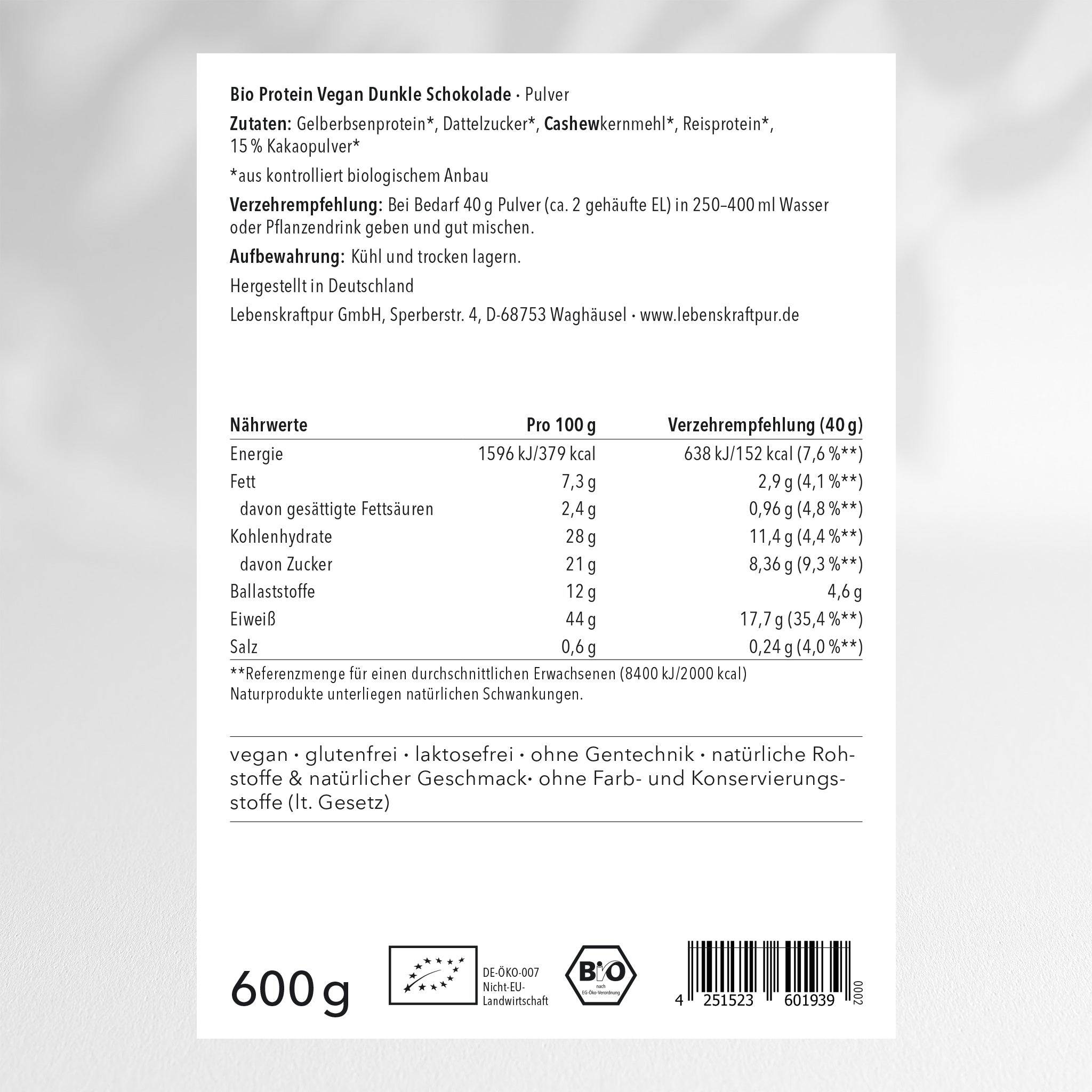 LebenskraftPur Bio Protein Vegan Pulver Dunkle Schokolade