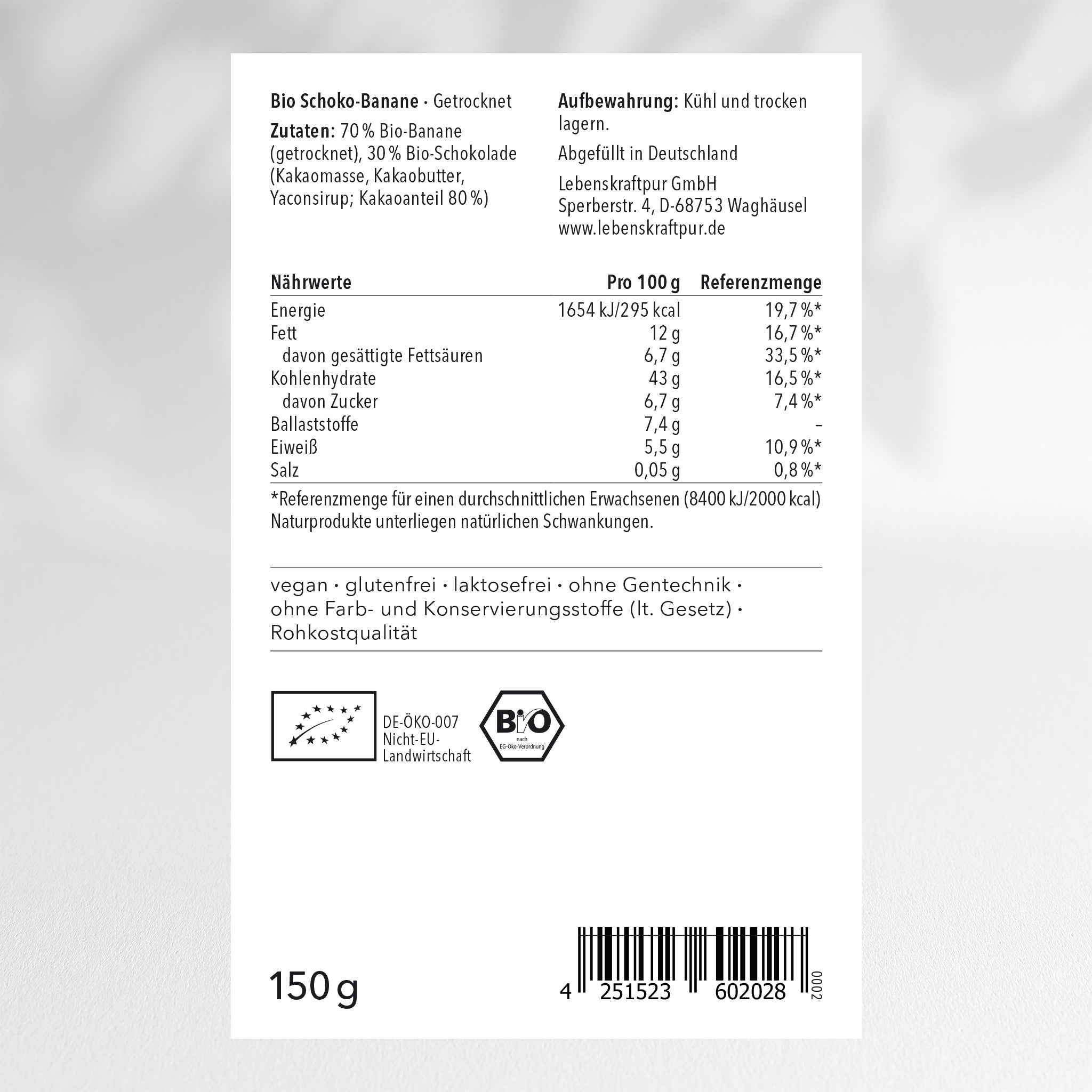 LebenskraftPur Bio Schoko-Banane Trockenfrüchte Snack ungesüßt