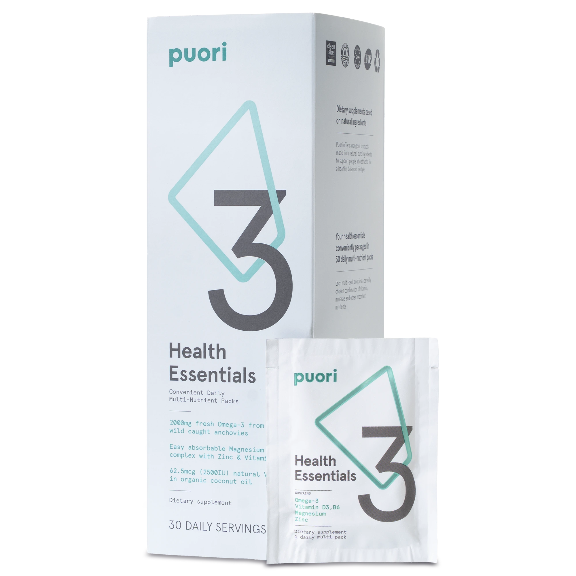Puori P3 Health Essentials Sachets Omega-3 Magnesium D3 30 St
