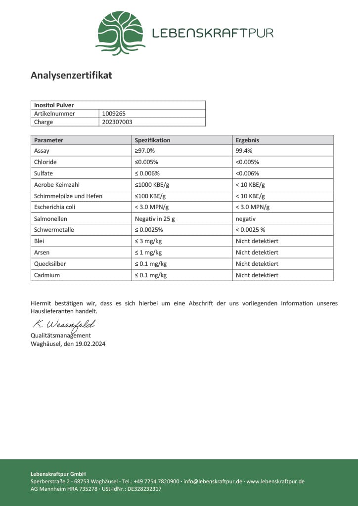 LebenskraftPur Inositol Pulver Myo-Inositol 100% vegan