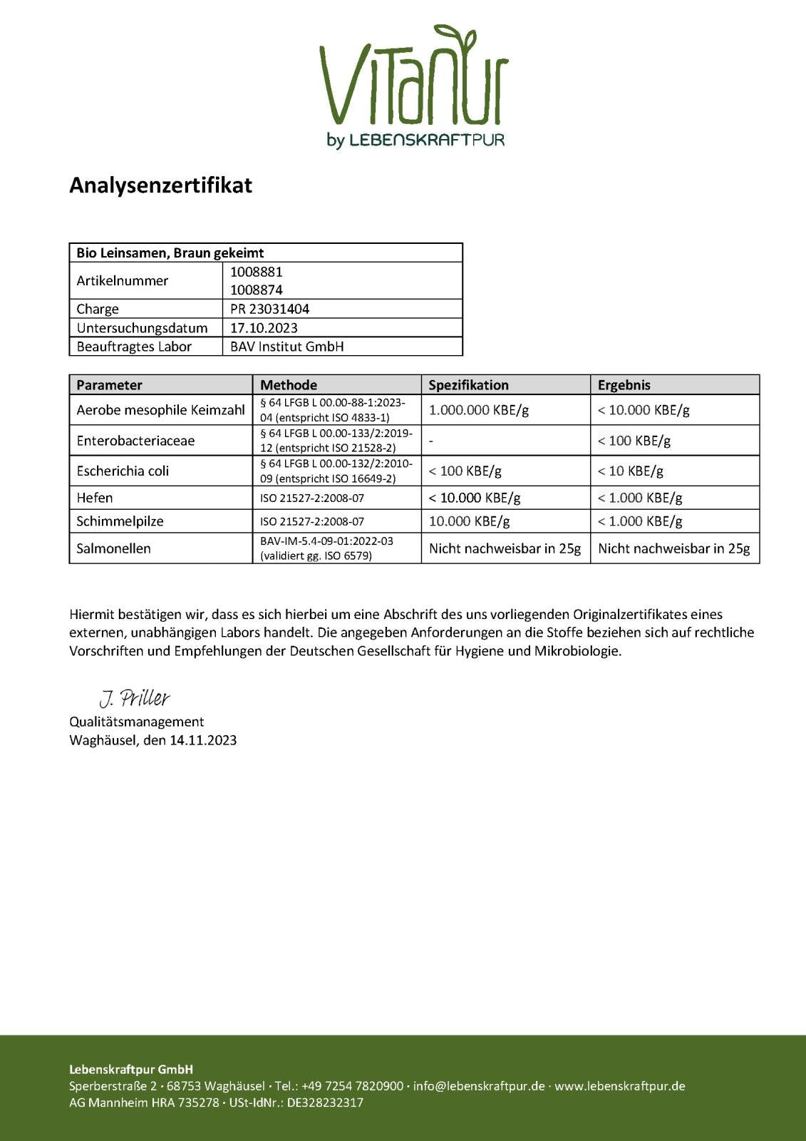 LebenskraftPur Bio Leinsamen Braun Gekeimt 700 g roh