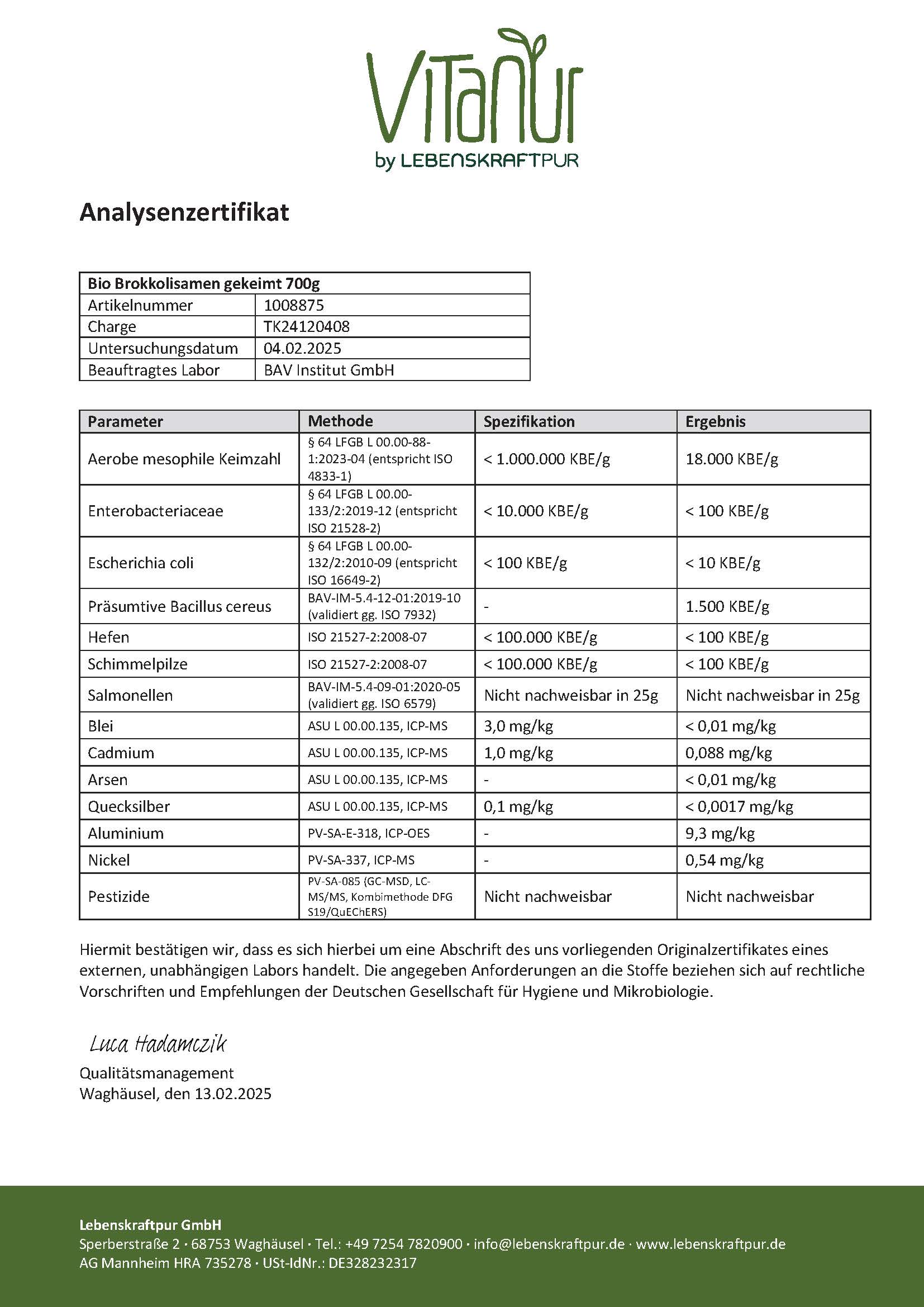 LebenskraftPur Superfood Bio Brokkolisamen Gekeimt Pulver 700 g Sulforaphan