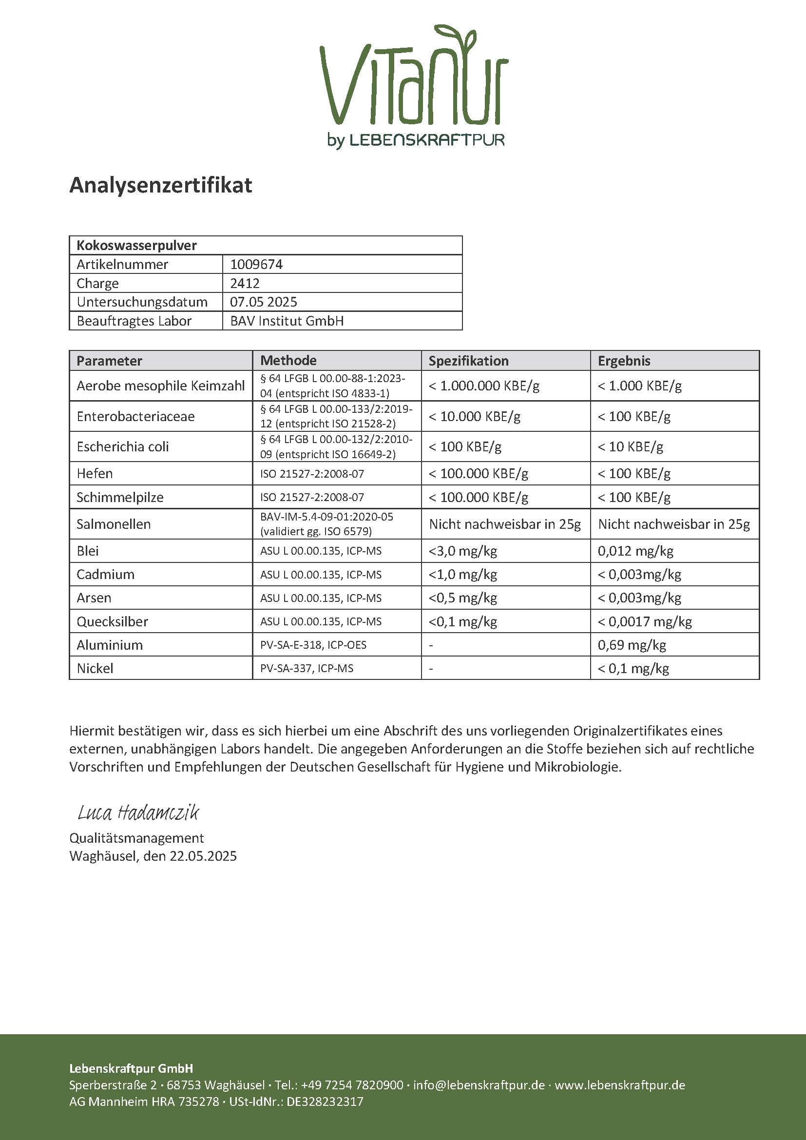 LebenskraftPur Kokoswasser Pulver isotonisch mit Kalium