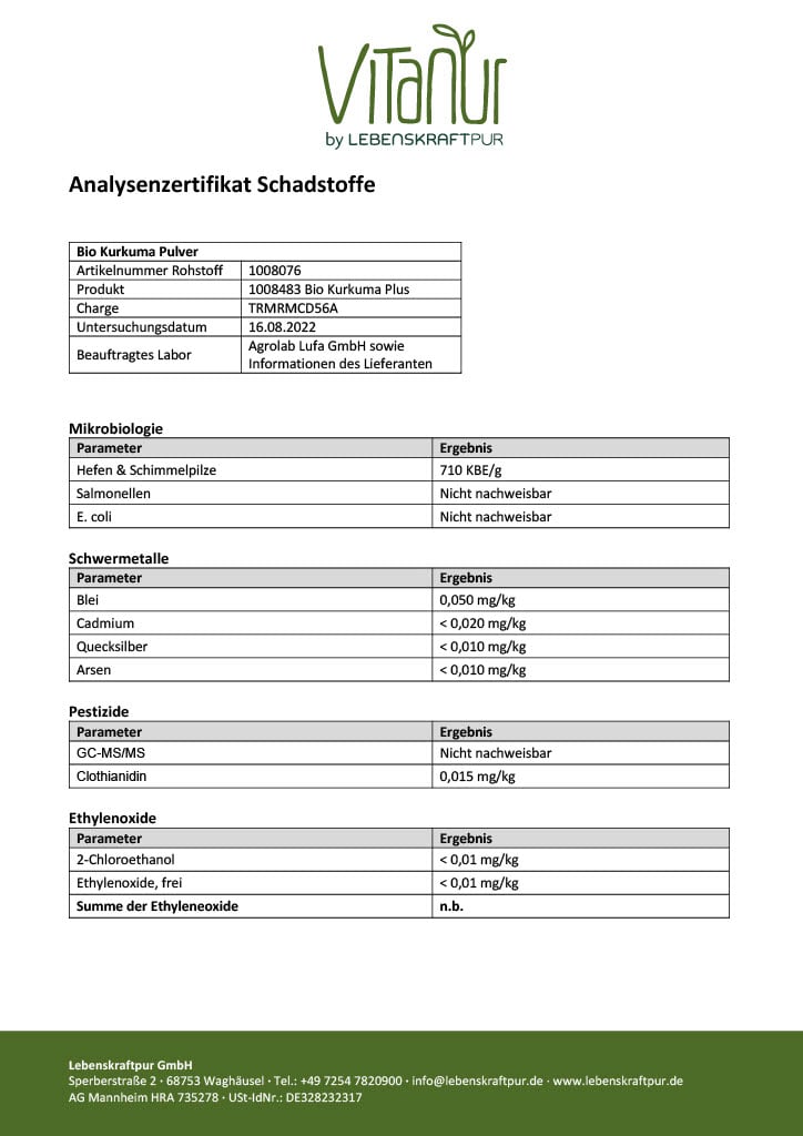 LebenskraftPur Superfood Bio Kurkuma Plus Pulver mit Pfeffer